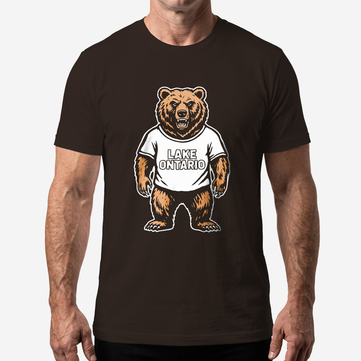Lake Ontario Bear grizzly graphic on a brown t-shirt, worn on a model #color_Brown