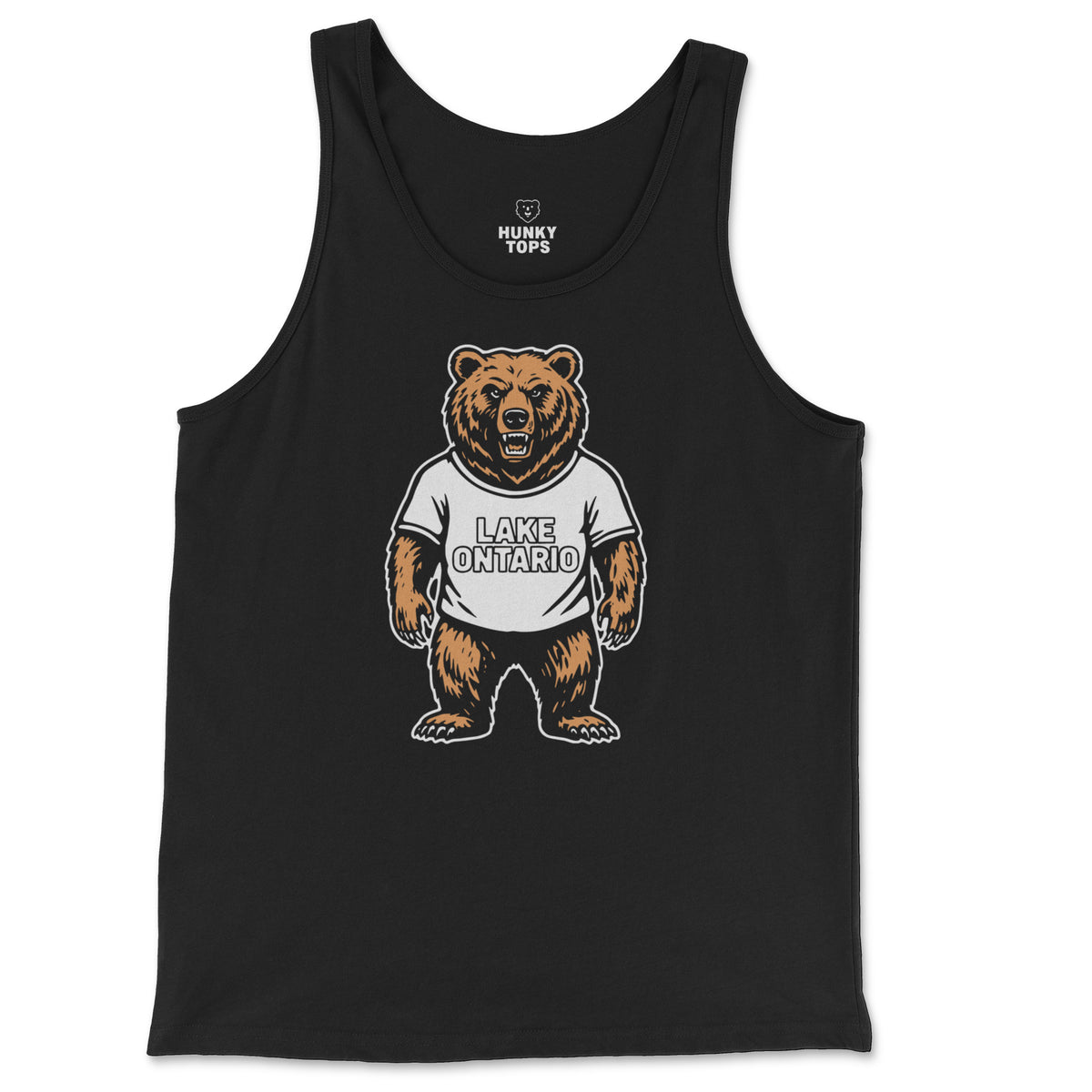 Lake Ontario Bear grizzly graphic on a black tank top, flat lay #color_Black