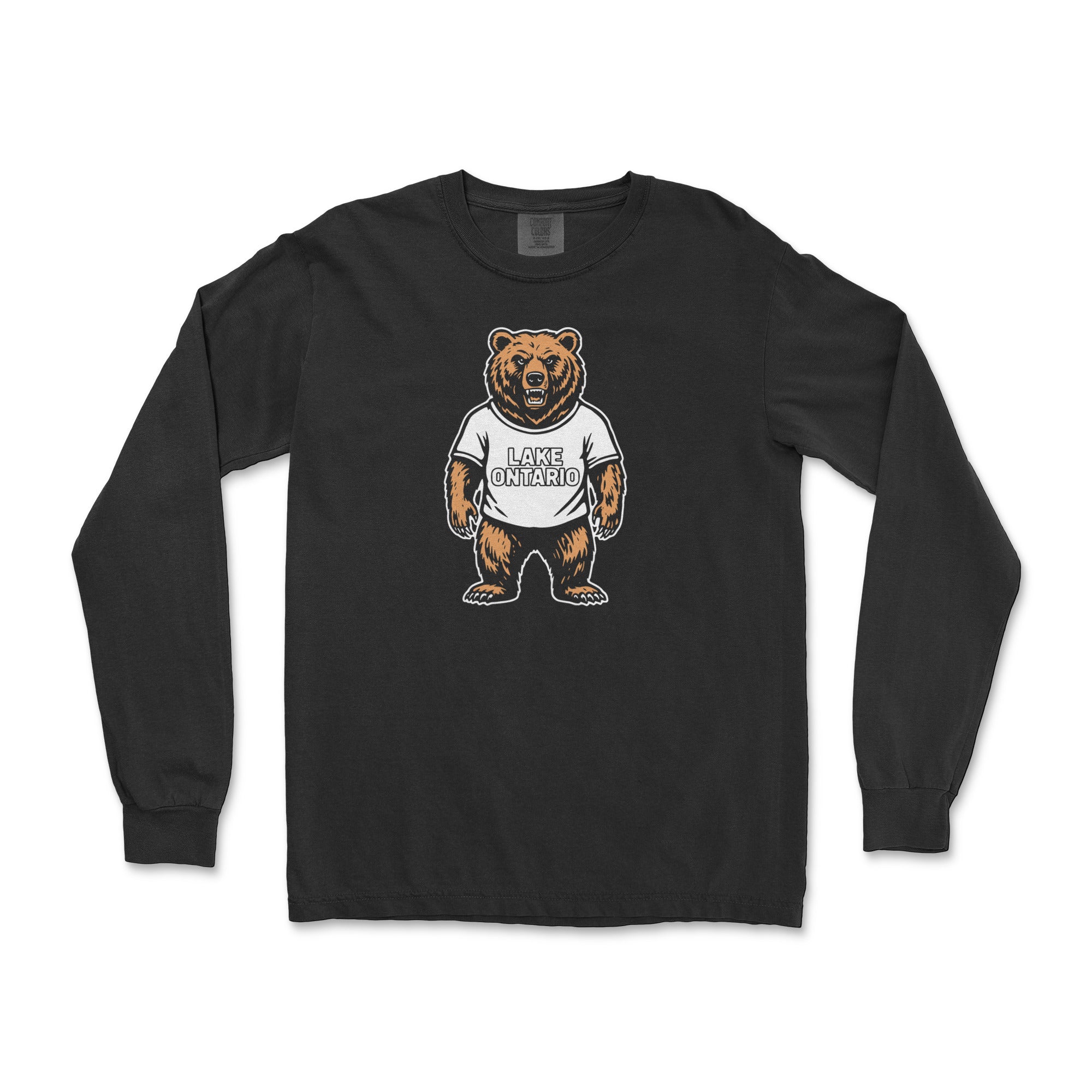 Lake Ontario Bear grizzly graphic on a black long sleeve shirt, flat lay #color_Black