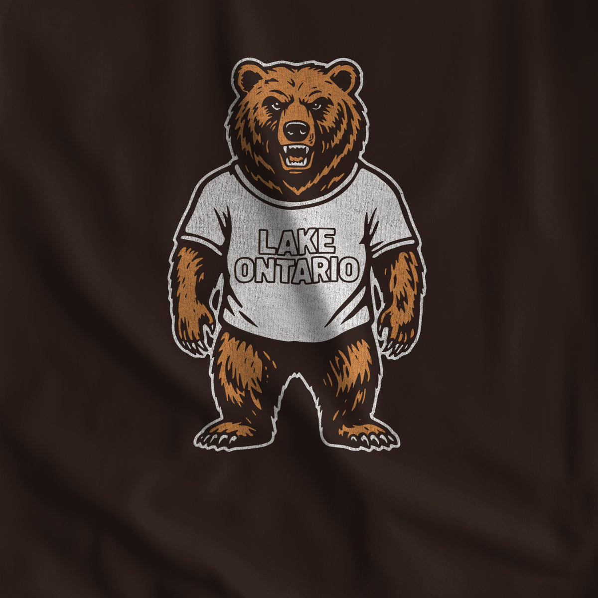 Close-up of the Lake Ontario Bear grizzly print on dark chocolate fleece #color_Dark Chocolate