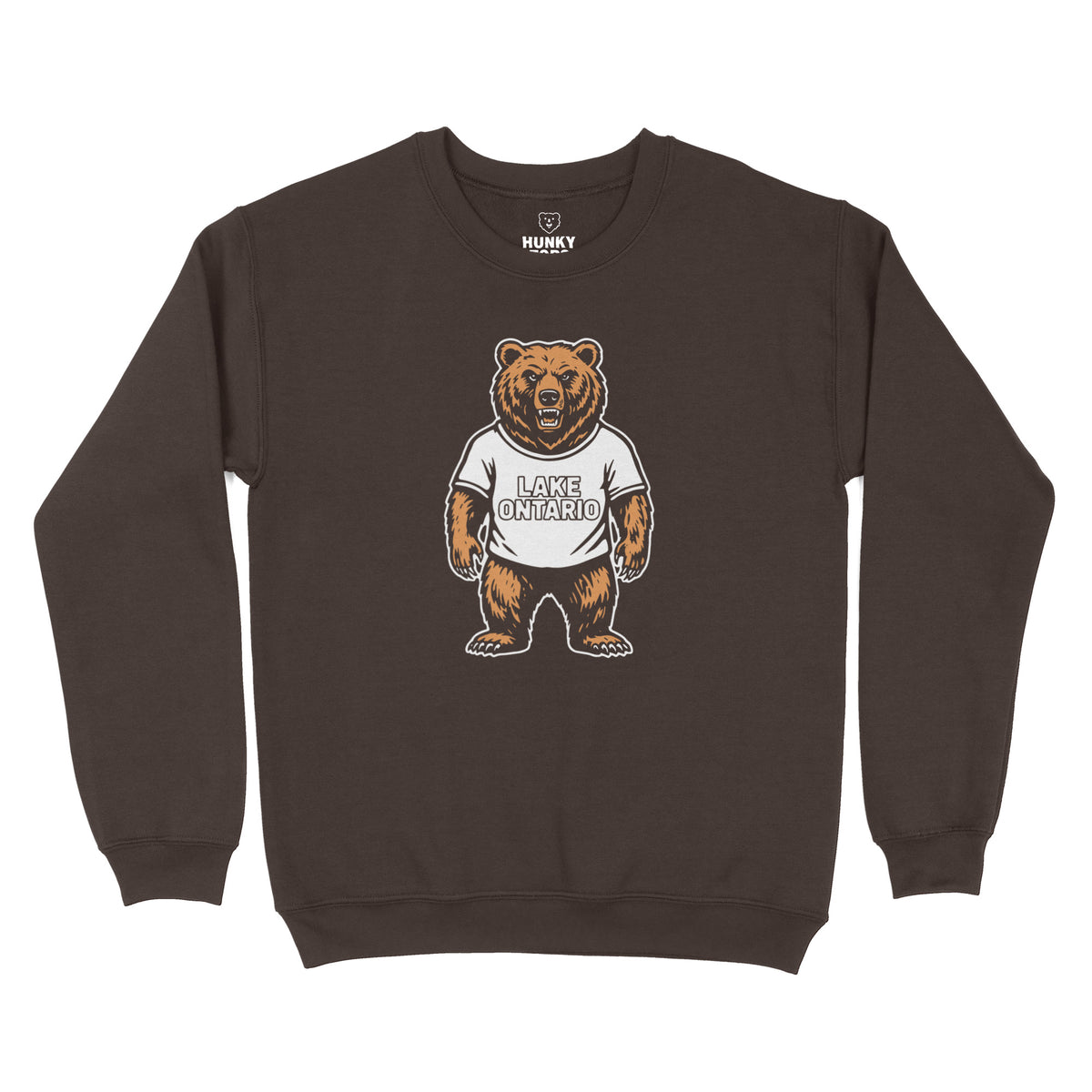 Lake Ontario Bear grizzly graphic on a dark chocolate crewneck sweatshirt, flat lay #color_Dark Chocolate