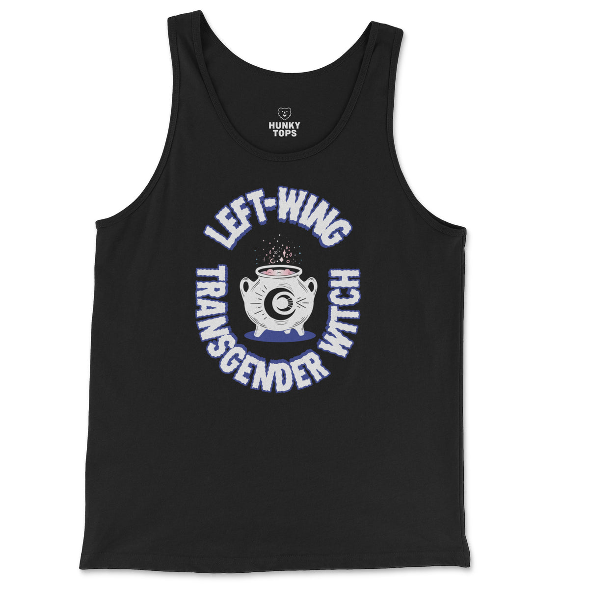 Left-Wing Transgender Witch white lettering around a cauldron on a black tank top, flat lay #color_Black