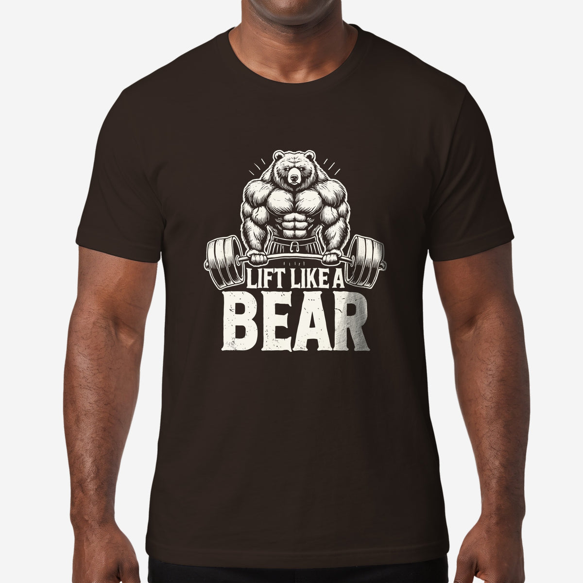 Lift Like a Bear T-Shirt worn by a model, brown t-shirt #color_Brown