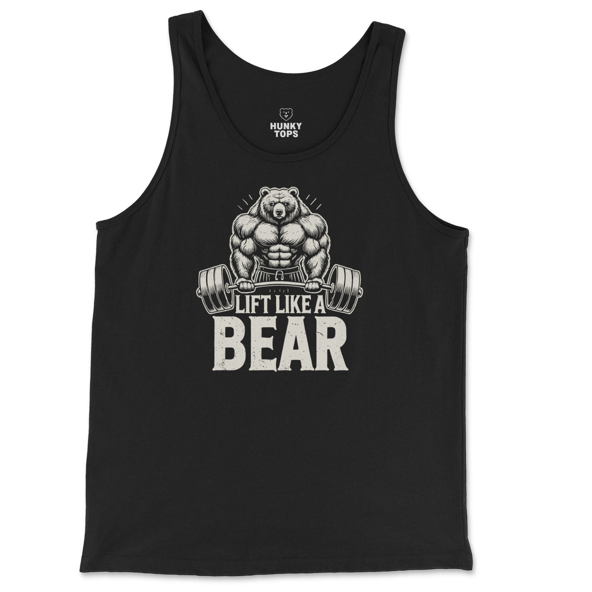 Lift Like a Bear Tank Top on a black tank top, flat lay #color_Black