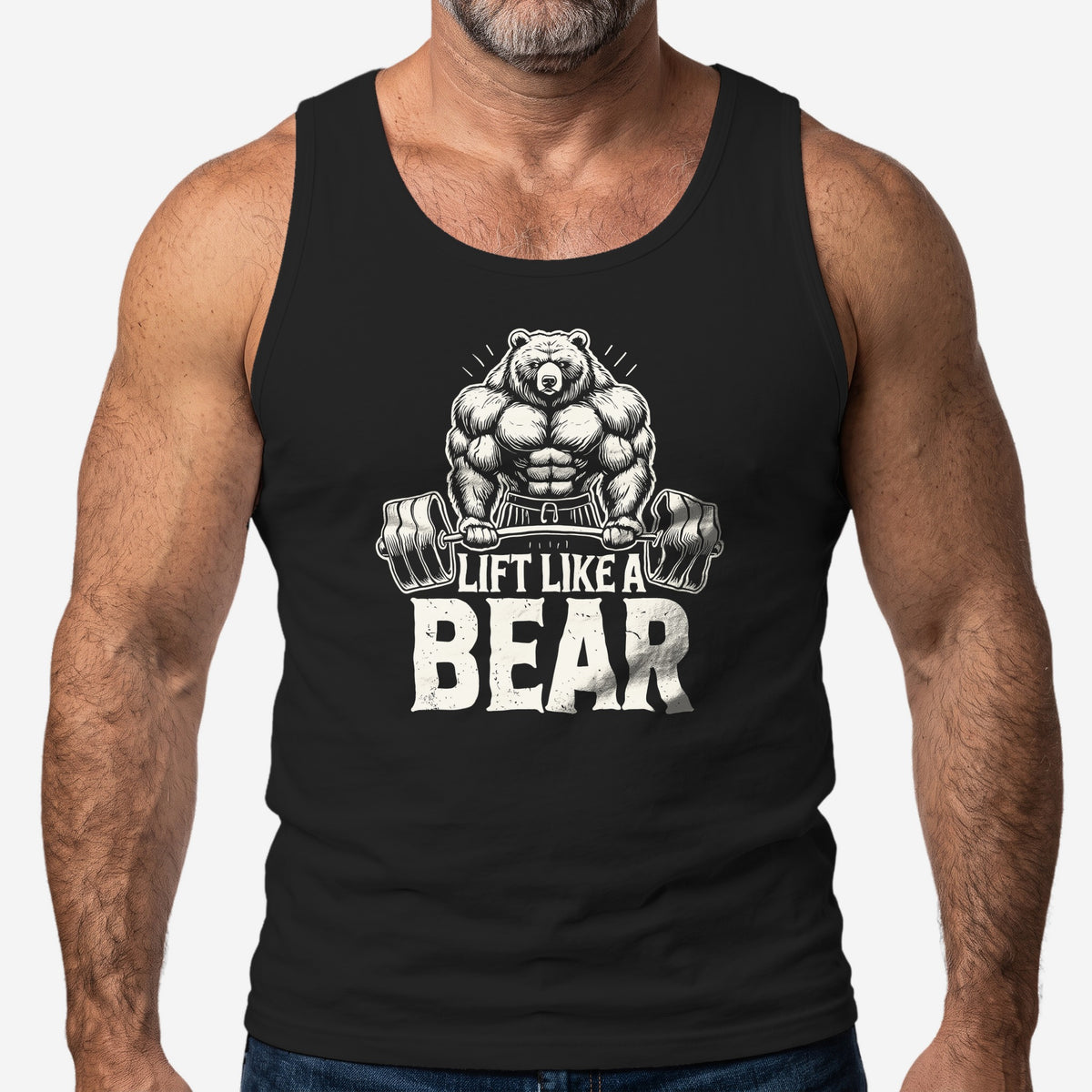 Lift Like a Bear Tank Top worn by a model, black tank top #color_Black