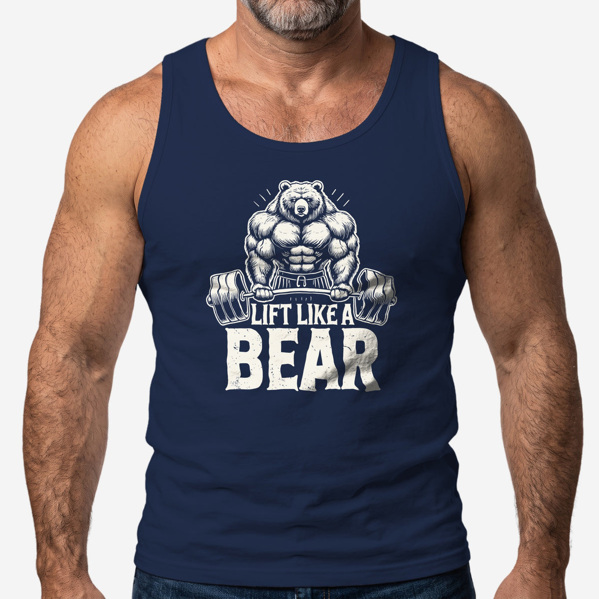 Lift Like a Bear Tank Top worn by a model, navy tank top #color_Navy