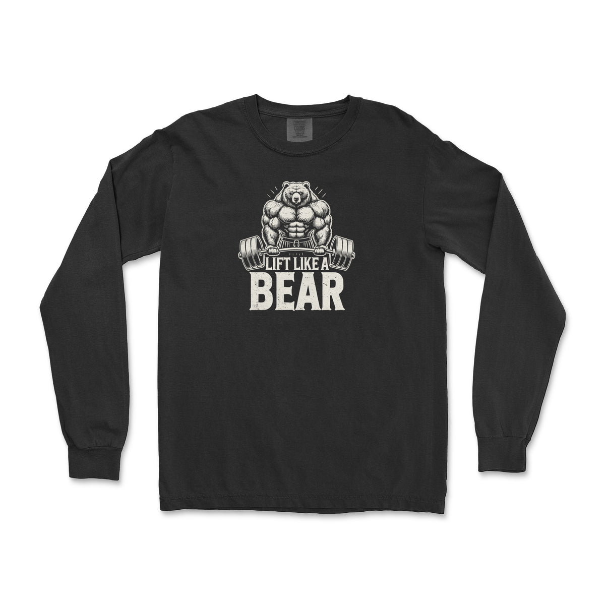 Lift Like a Bear: a muscular grizzly behind a loaded barbell on a black long sleeve shirt, flat lay #color_Black