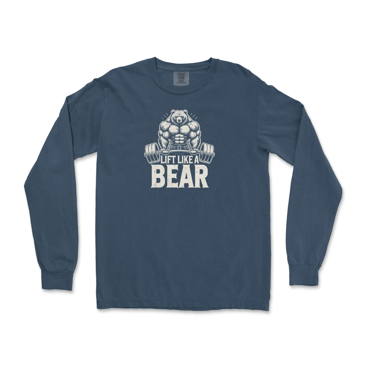 Lift Like a Bear: a muscular grizzly behind a loaded barbell on a true navy long sleeve shirt, flat lay #color_True Navy