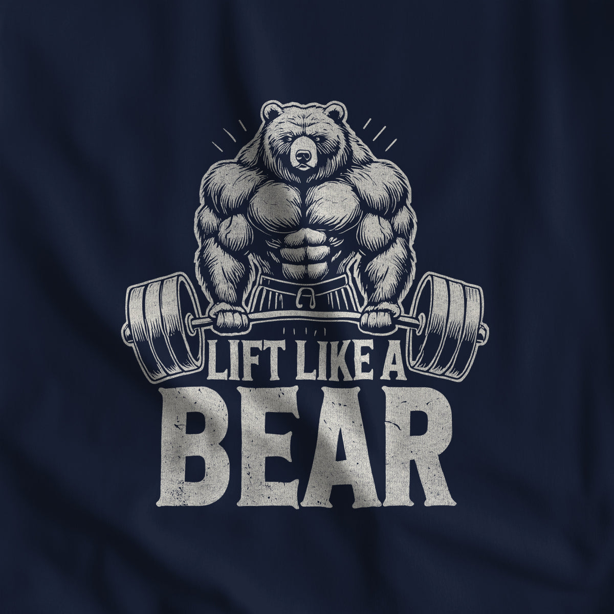Close-up of the Lift Like a Bear print on navy fleece #color_Navy