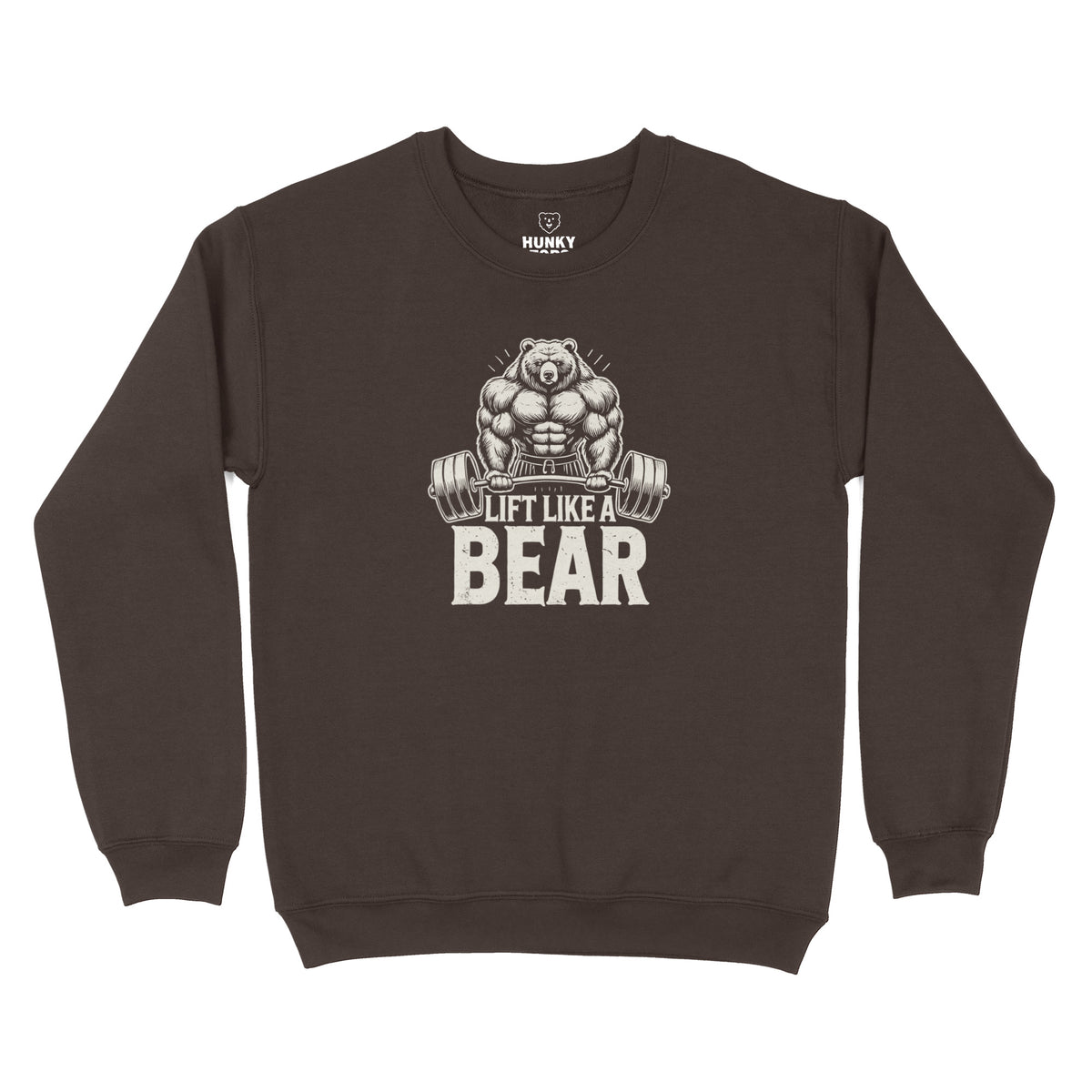 Lift Like a Bear: a muscular grizzly behind a loaded barbell on a dark chocolate crewneck sweatshirt, flat lay #color_Dark Chocolate
