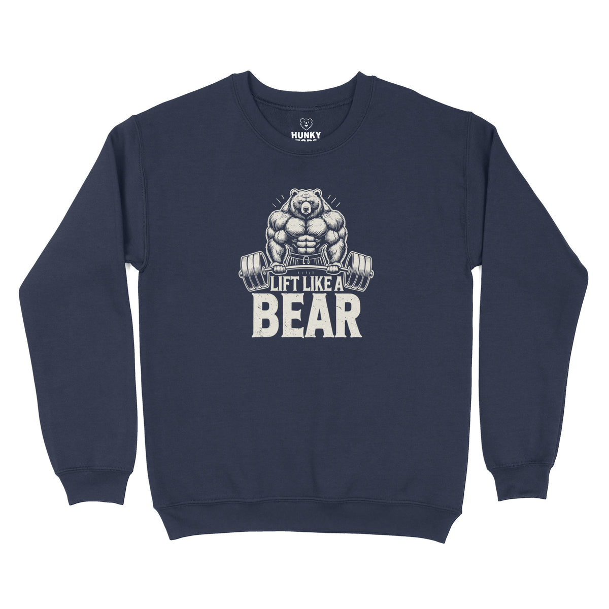 Lift Like a Bear: a muscular grizzly behind a loaded barbell on a navy crewneck sweatshirt, flat lay #color_Navy