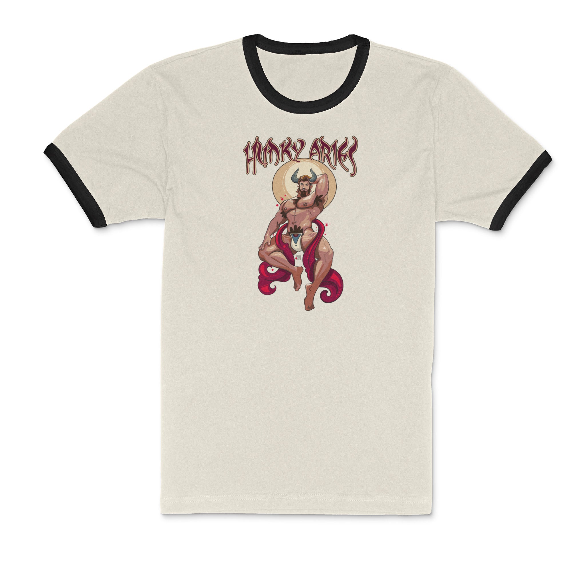 Hunky Aries Gay Zodiac Ringer T-Shirt - Hunky Tops #color_Natural/Black
