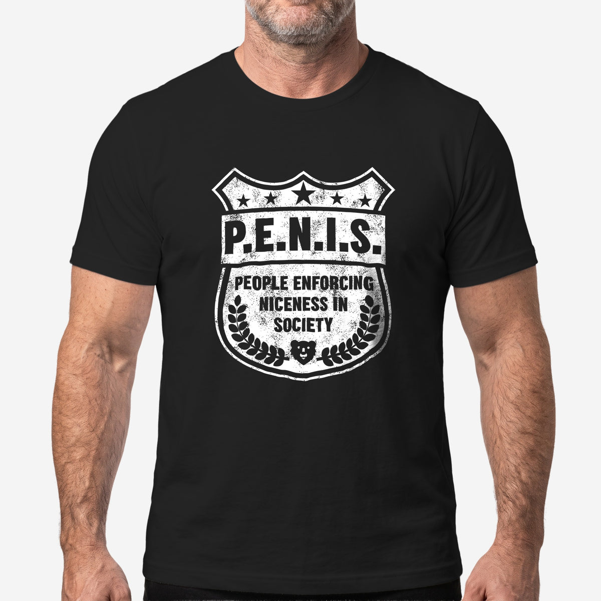 P.E.N.I.S. T-Shirt worn by a model, black t-shirt #color_Black