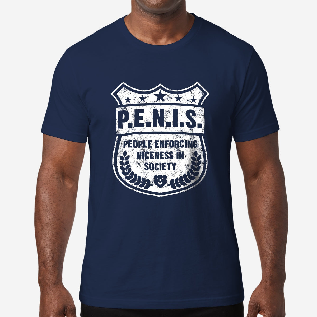 P.E.N.I.S. T-Shirt worn by a model, navy t-shirt #color_Navy