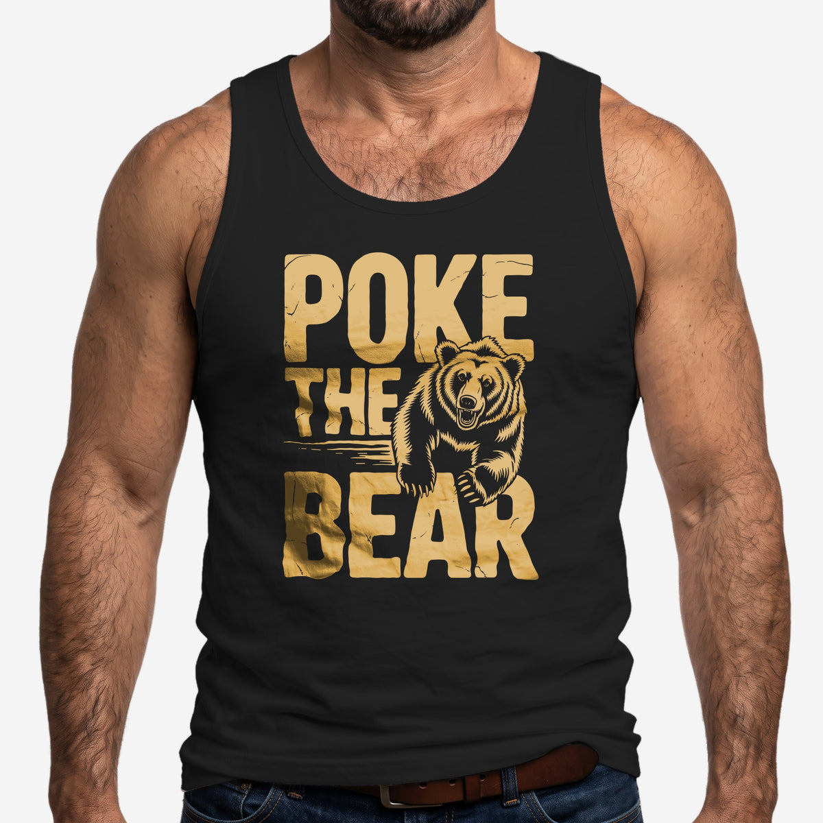 Poke the Bear Tank Top worn by a model, black tank top #color_Black
