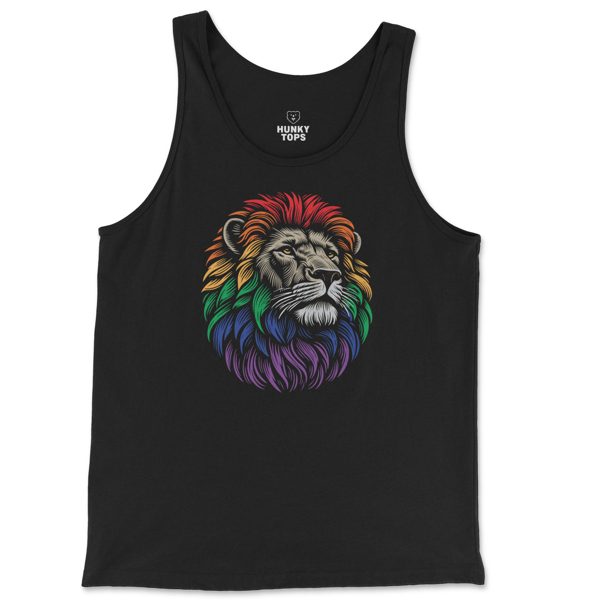 Pride Lion Tank Top on a black tank top, flat lay #color_Black