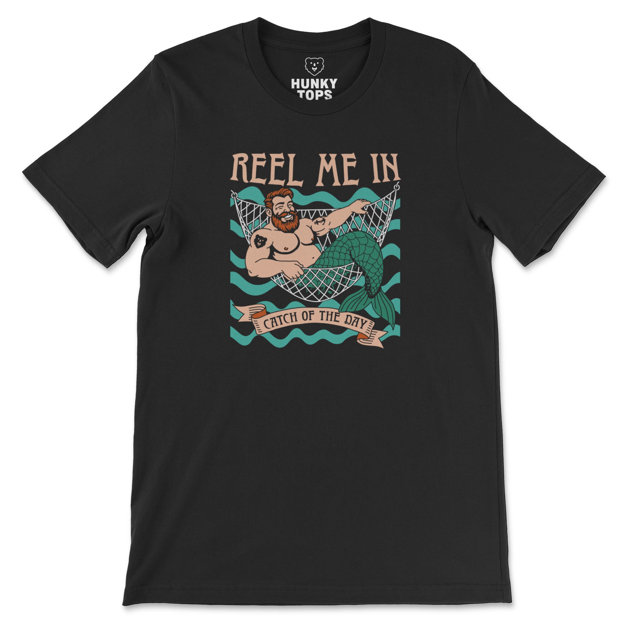Reel Me In merman tattoo-flash graphic on a black Bella Canvas tee, bearded merman grinning in a fishing net. #color_Black