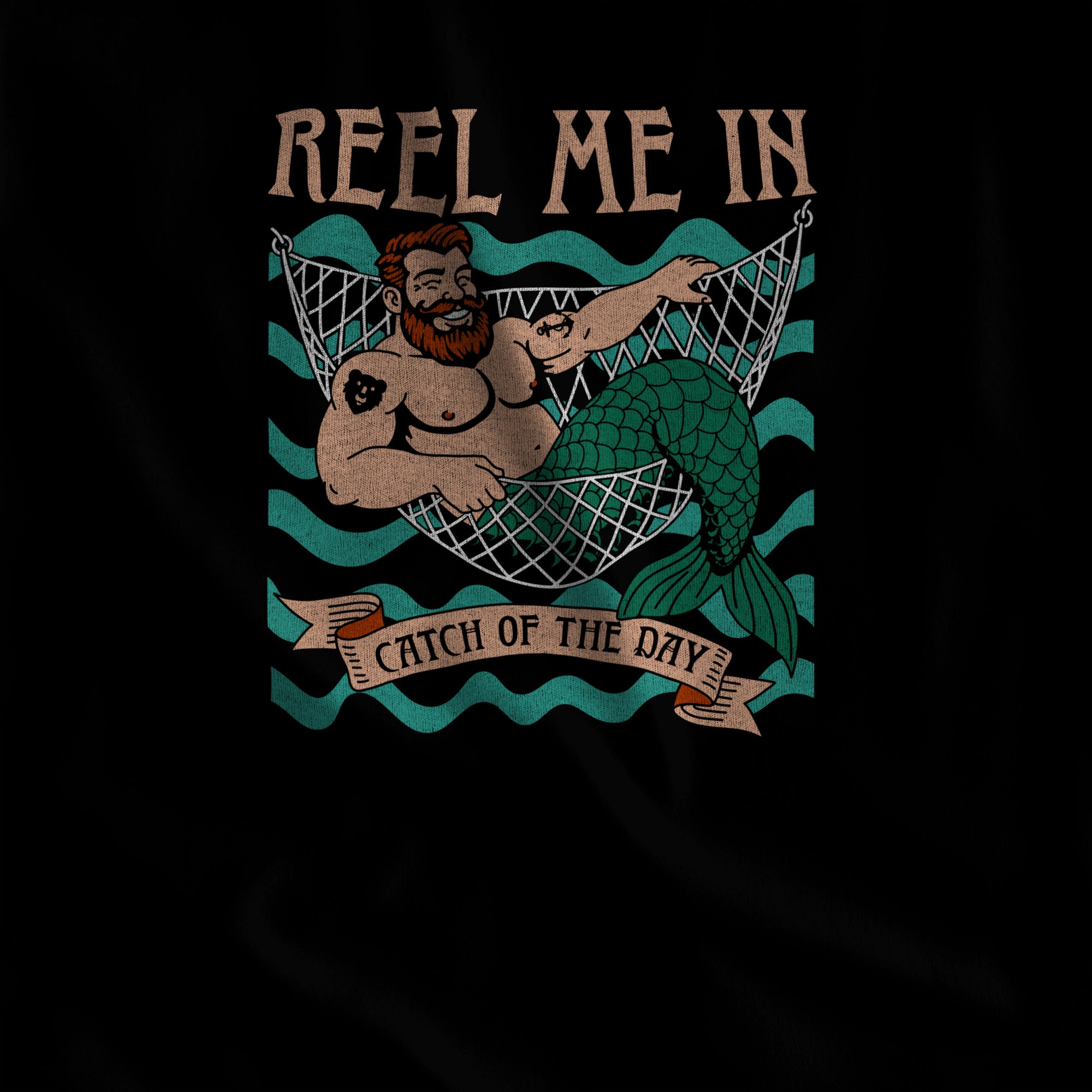 Close-up of the Reel Me In merman print with Catch of the Day banner on a black tank. #color_Black
