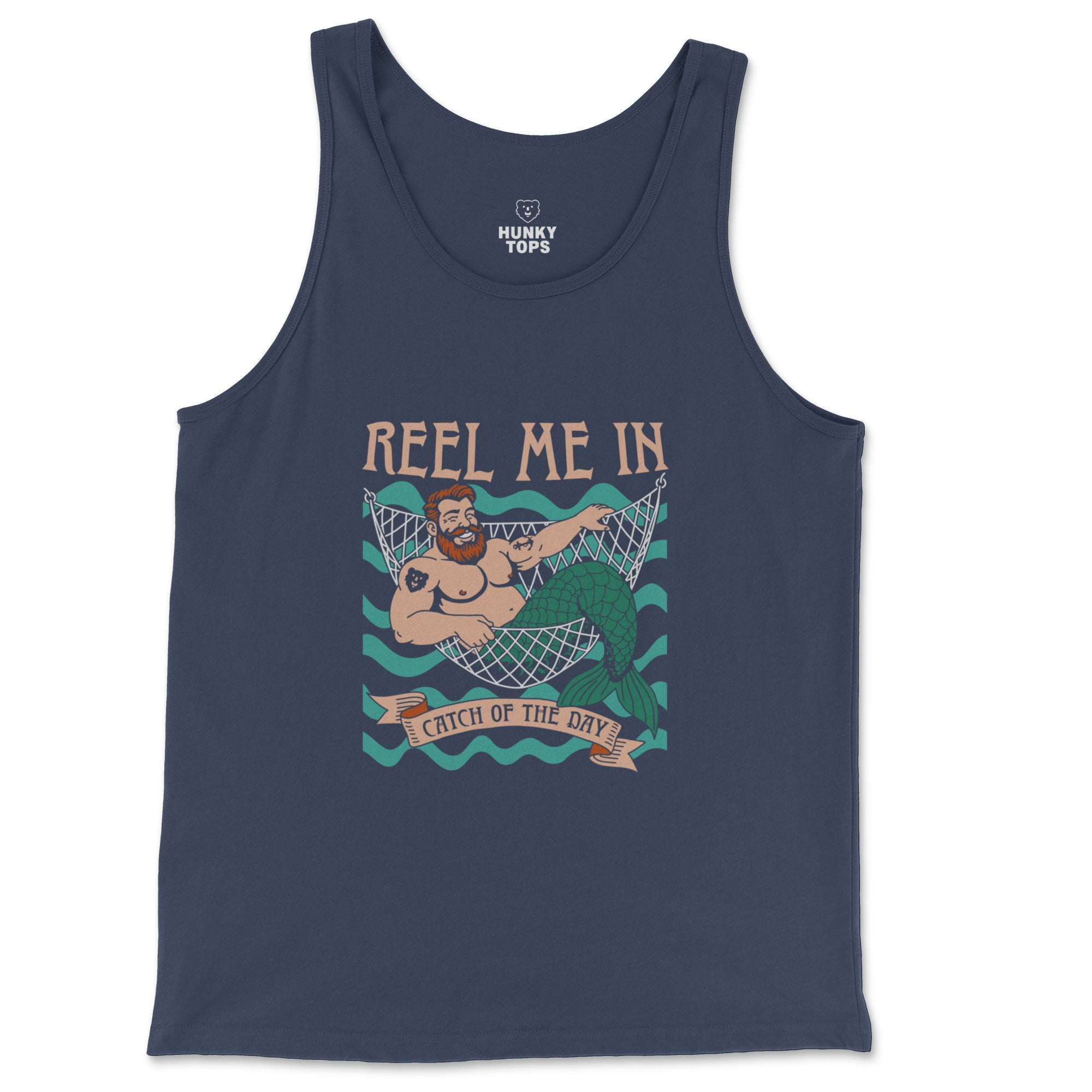 Reel Me In merman tattoo-flash graphic on a navy Bella Canvas tank, bearded merman grinning in a fishing net. #color_Navy