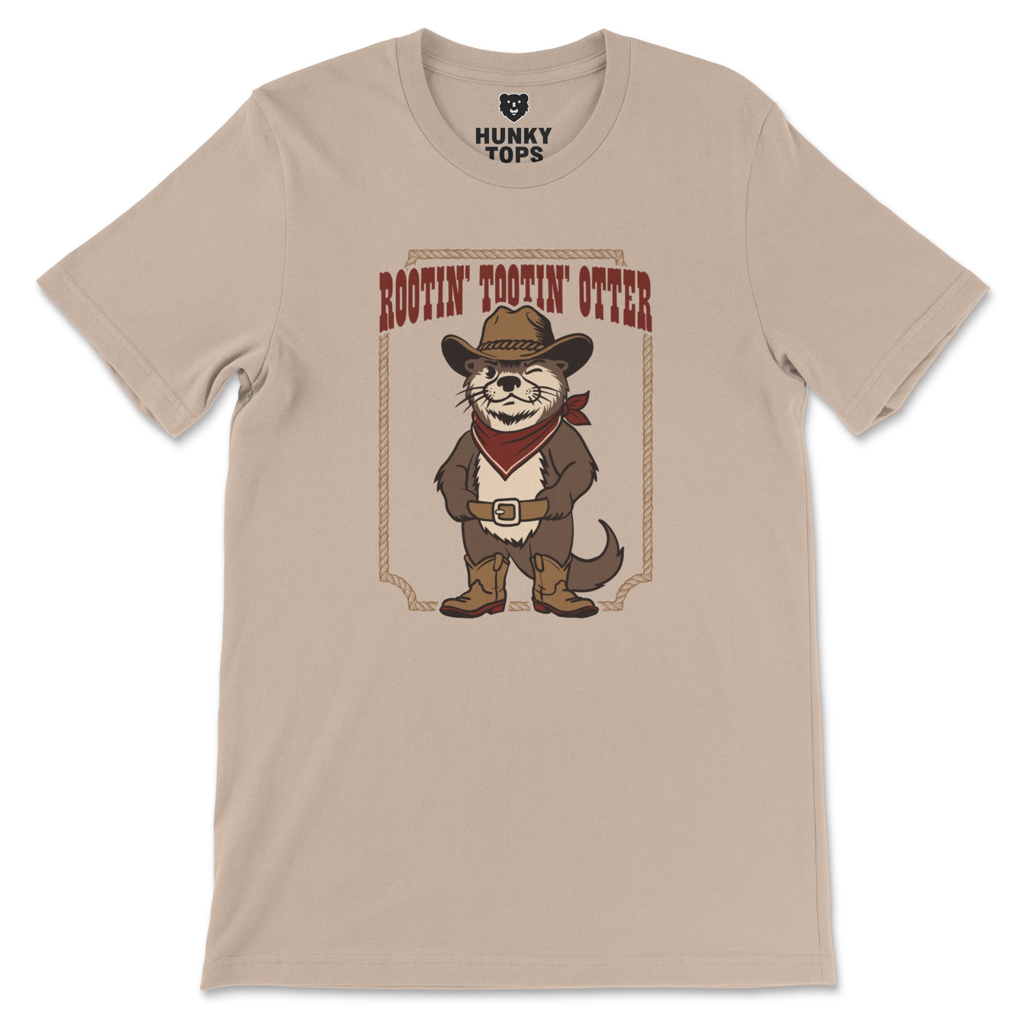 Rootin' Tootin' Otter cowboy otter graphic on a tan t-shirt, front view #color_Tan