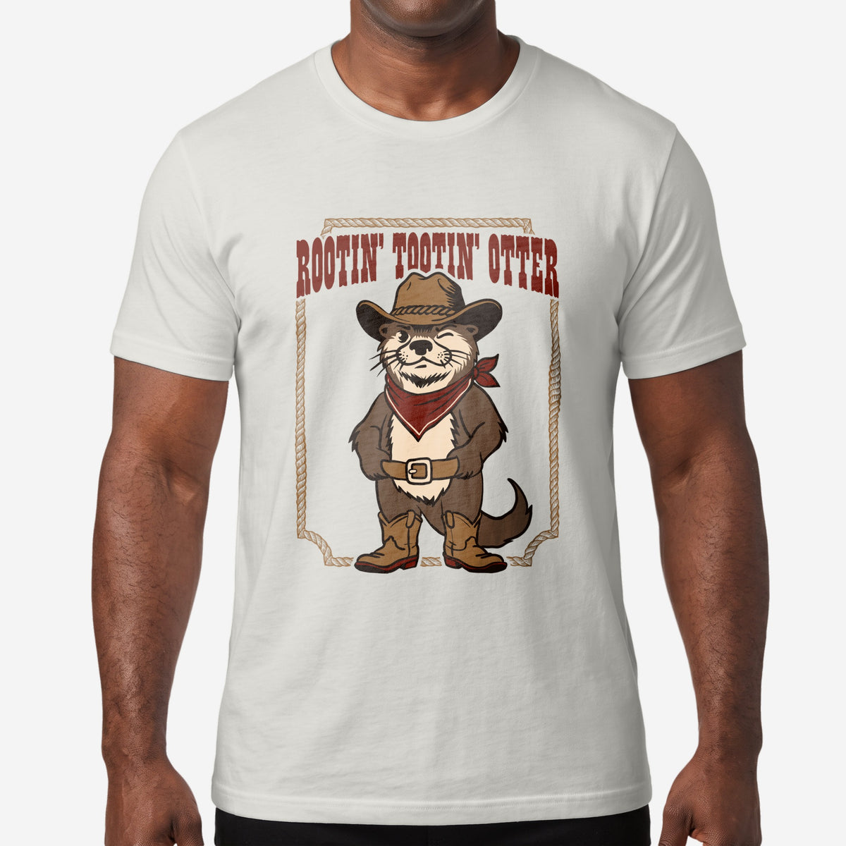 Man wearing the Rootin' Tootin' Otter vintage white t-shirt #color_Vintage White
