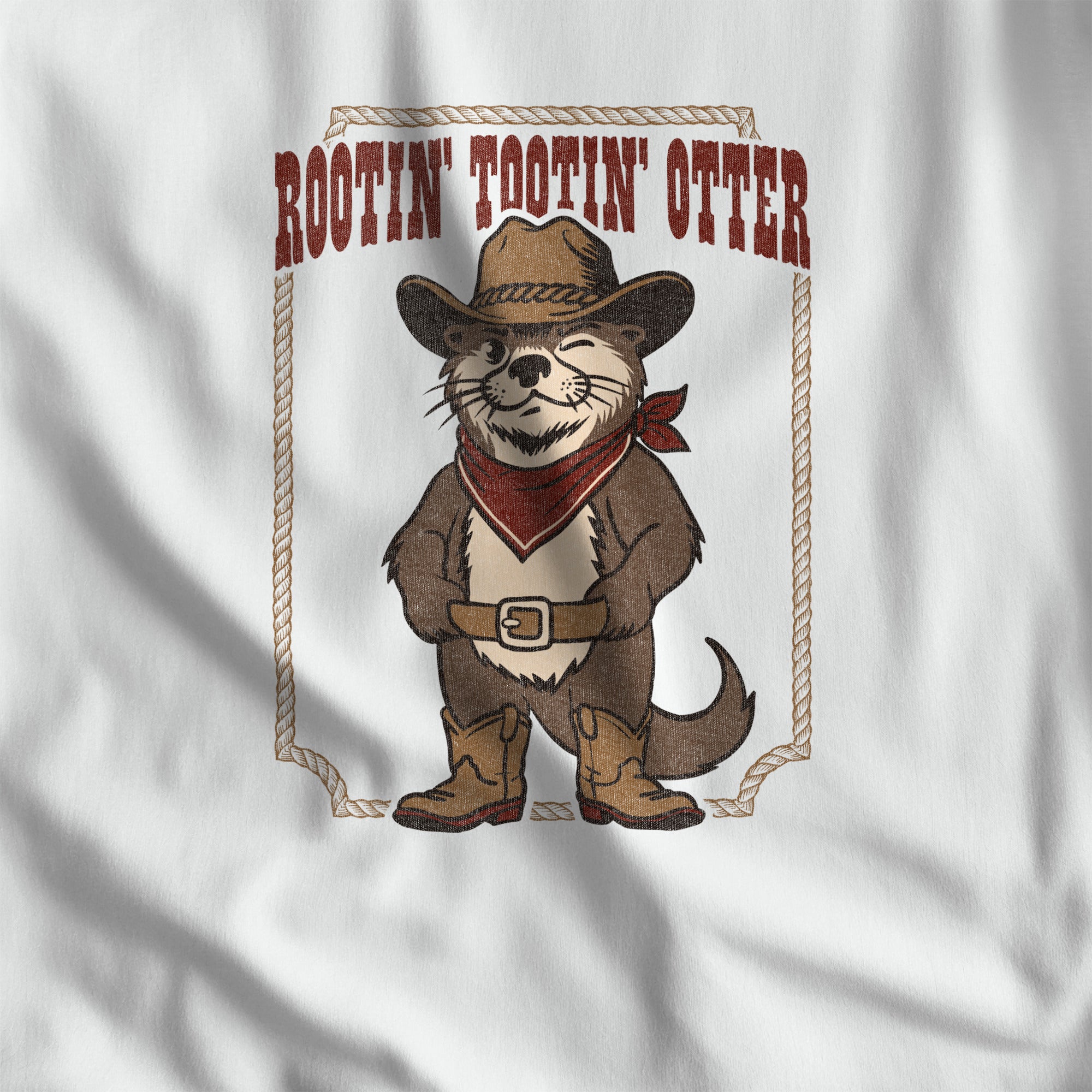 Close-up of the Rootin' Tootin' Otter western print on white tank top fabric #color_White