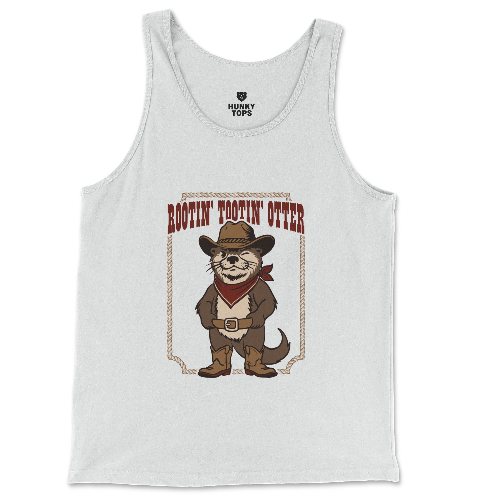 Rootin' Tootin' Otter cowboy otter graphic on a white tank top, front view #color_White