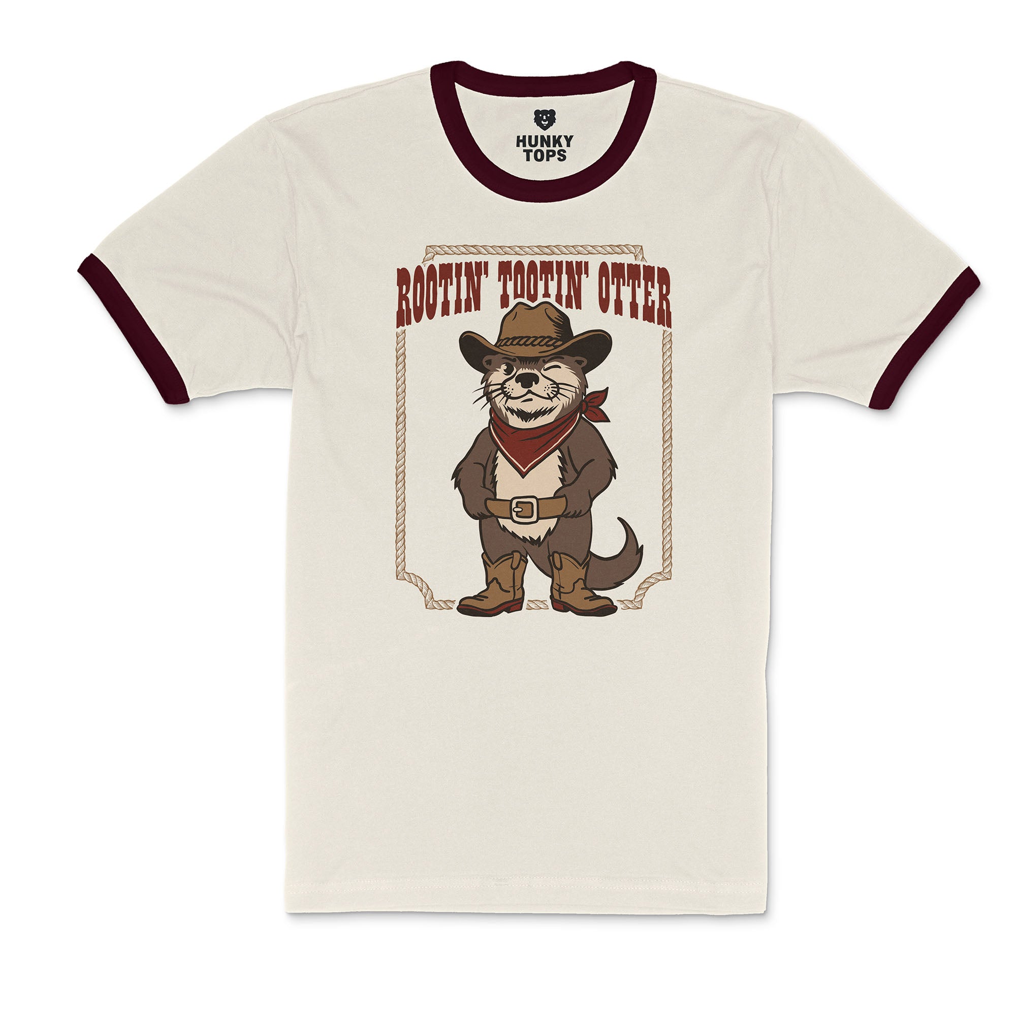 Rootin' Tootin' Otter cowboy otter graphic on a natural and maroon ringer t-shirt, front view #color_Natural/Maroon
