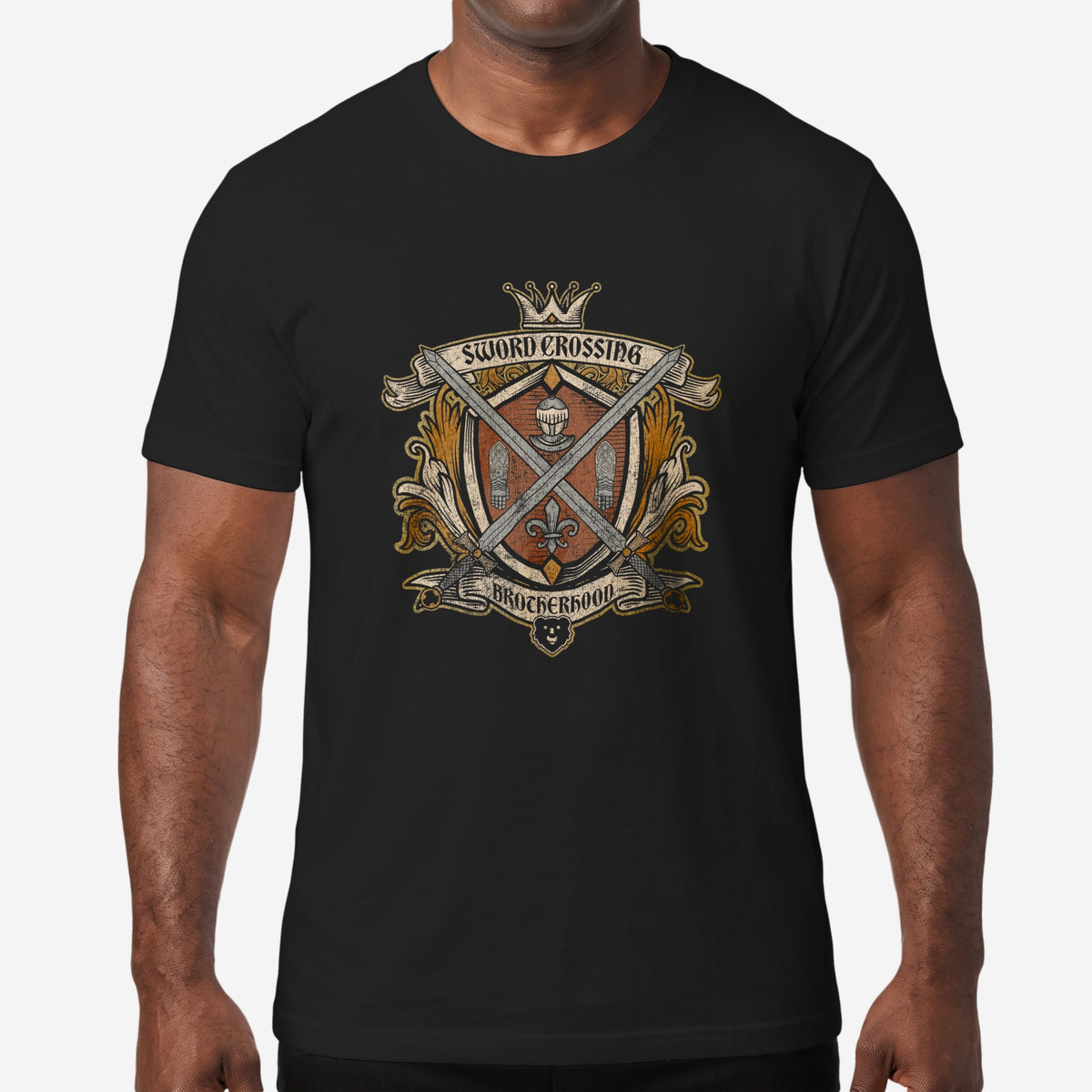 Sword Crossing Brotherhood T-Shirt worn by a model, black t-shirt #color_Black