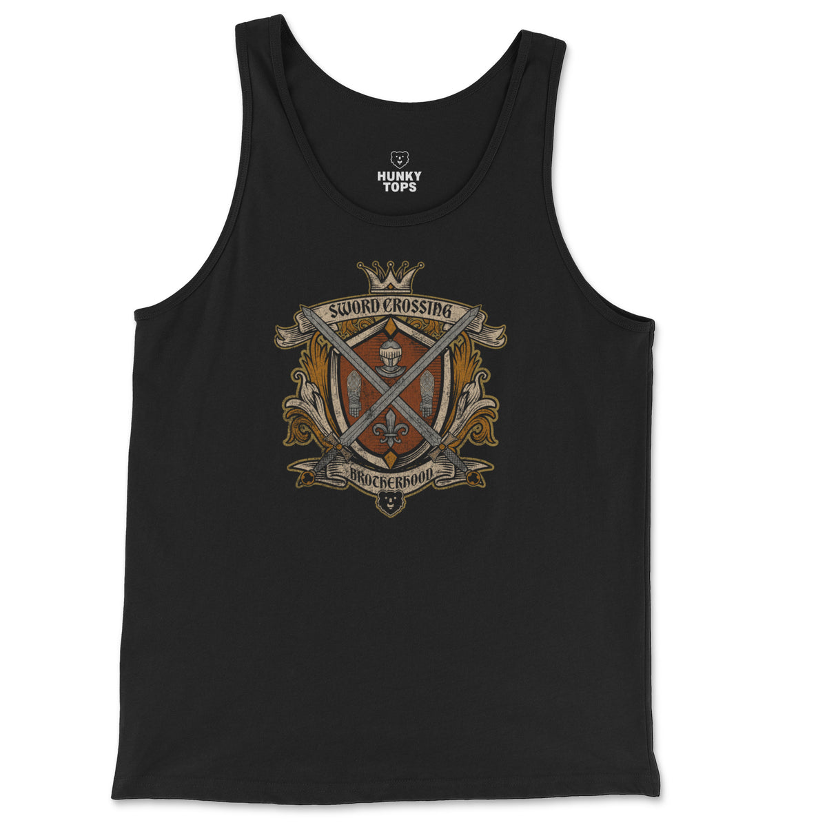 Sword Crossing Brotherhood Tank Top on a black tank top, flat lay #color_Black