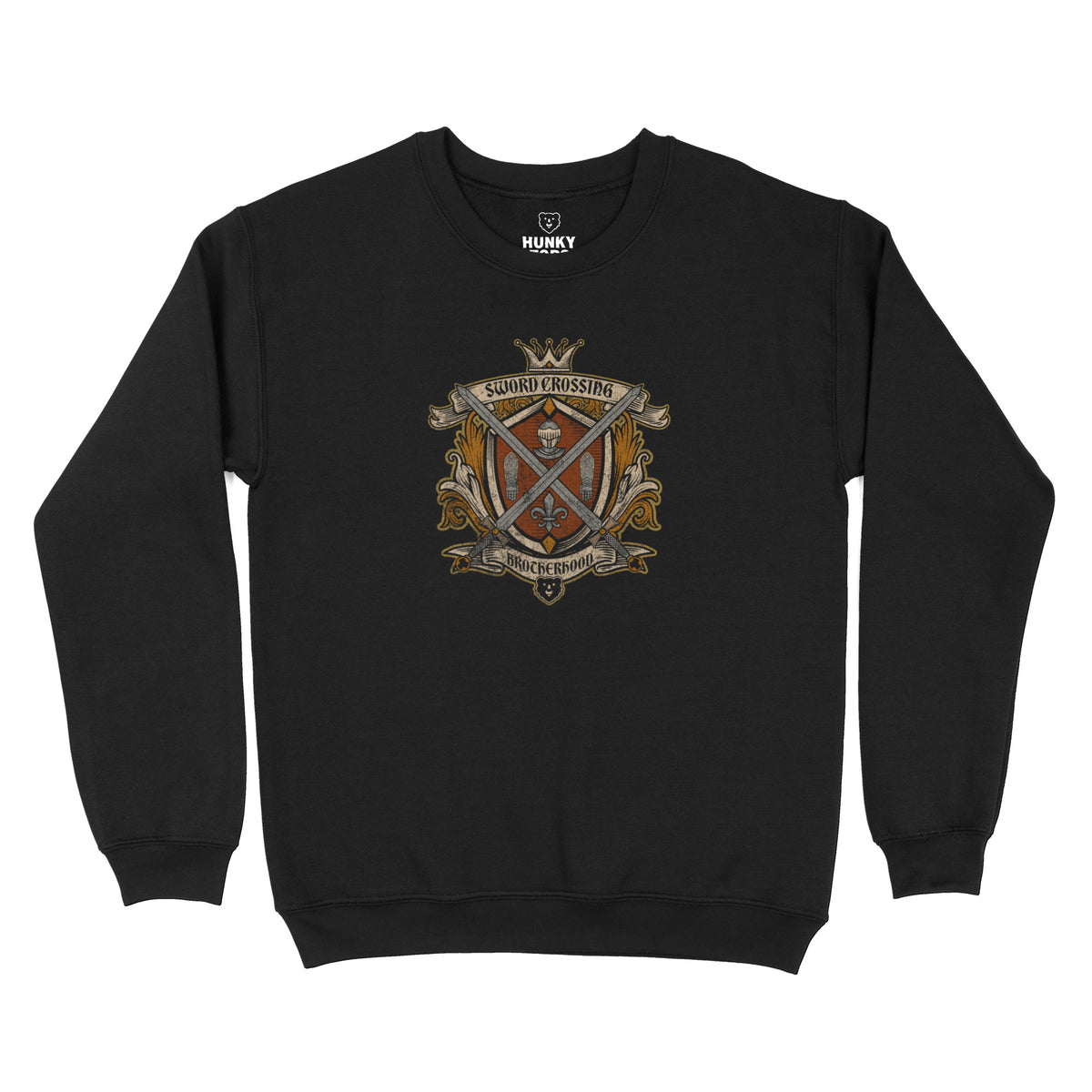 Sword Crossing Brotherhood heraldic crest with a crown, knight's helm and crossed swords on a black crewneck sweatshirt, flat lay #color_Black