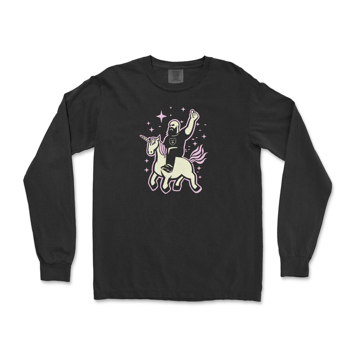 The Mythic Unicorn Wrangler: a bearded bear riding a pastel unicorn through stars on a black long sleeve shirt, flat lay #color_Black