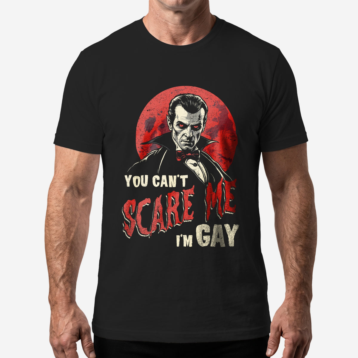 "You Can't Scare Me, I'm Gay" T-Shirt worn by a model, black t-shirt #color_Black
