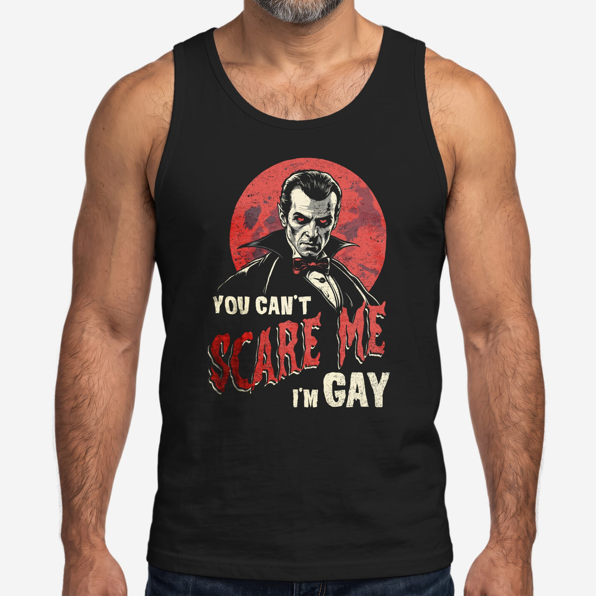 "You Can't Scare Me, I'm Gay" Tank Top worn by a model, black tank top #color_Black