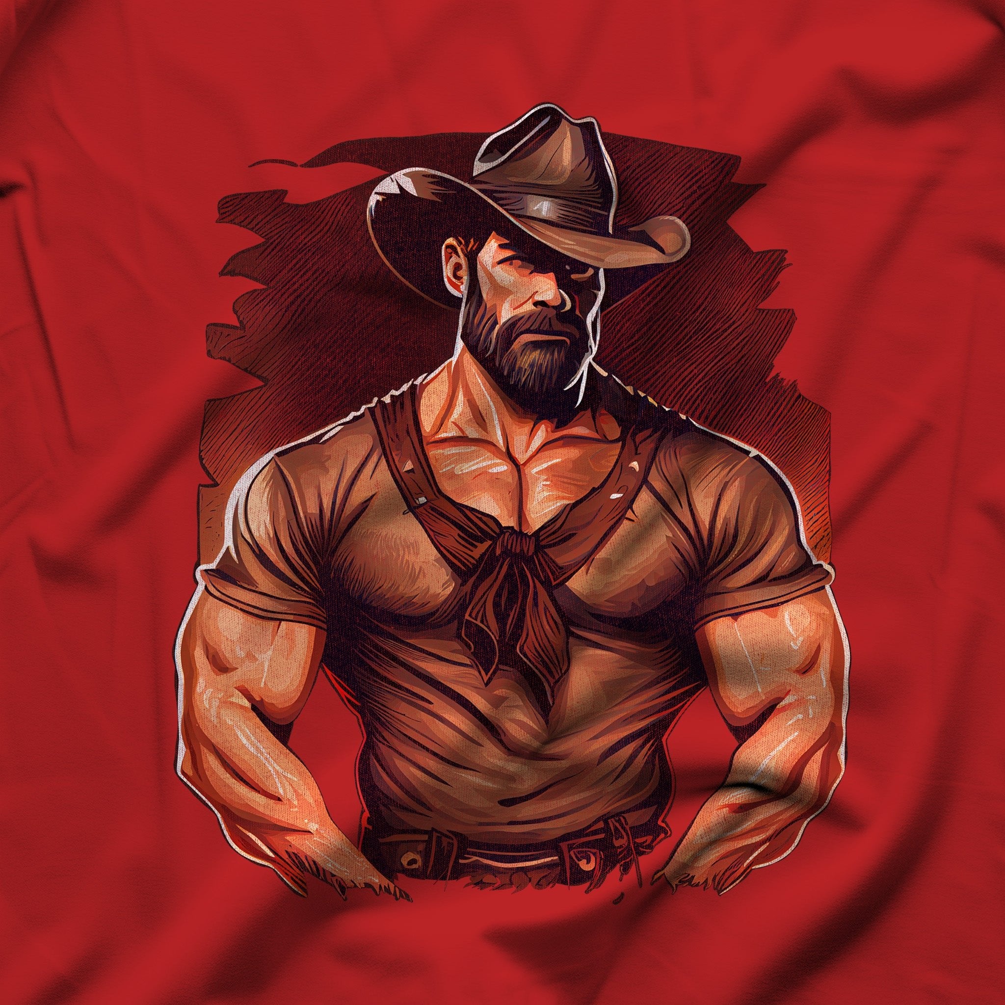 Alluring Muscular Cowboy Tee - Dangerously Stylish Gay T Shirt - Hunky Tops #color_Red