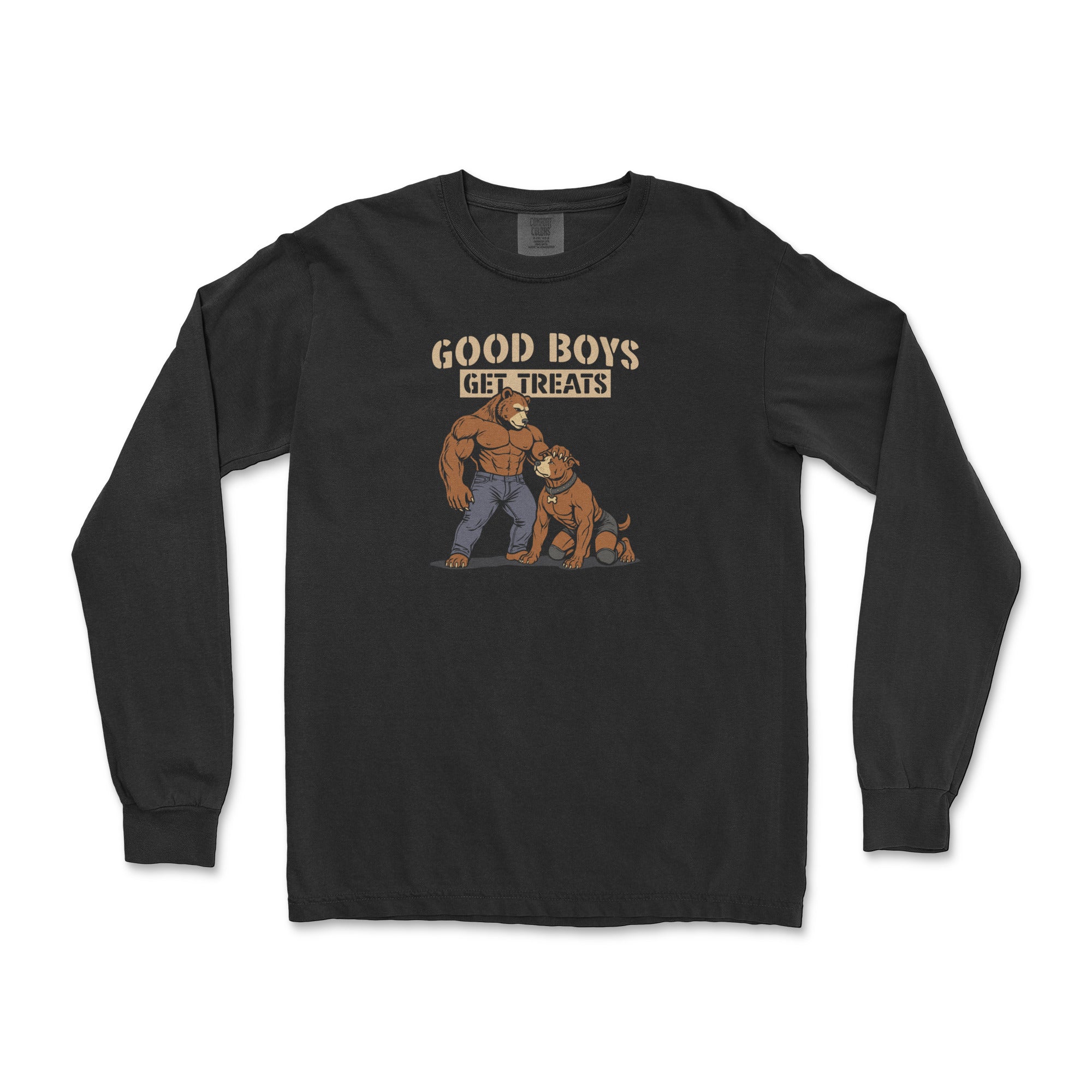 Good Boys Get Treats muscle bear and pup cartoon graphic on a black heavyweight long-sleeve t-shirt, flat lay #color_Black