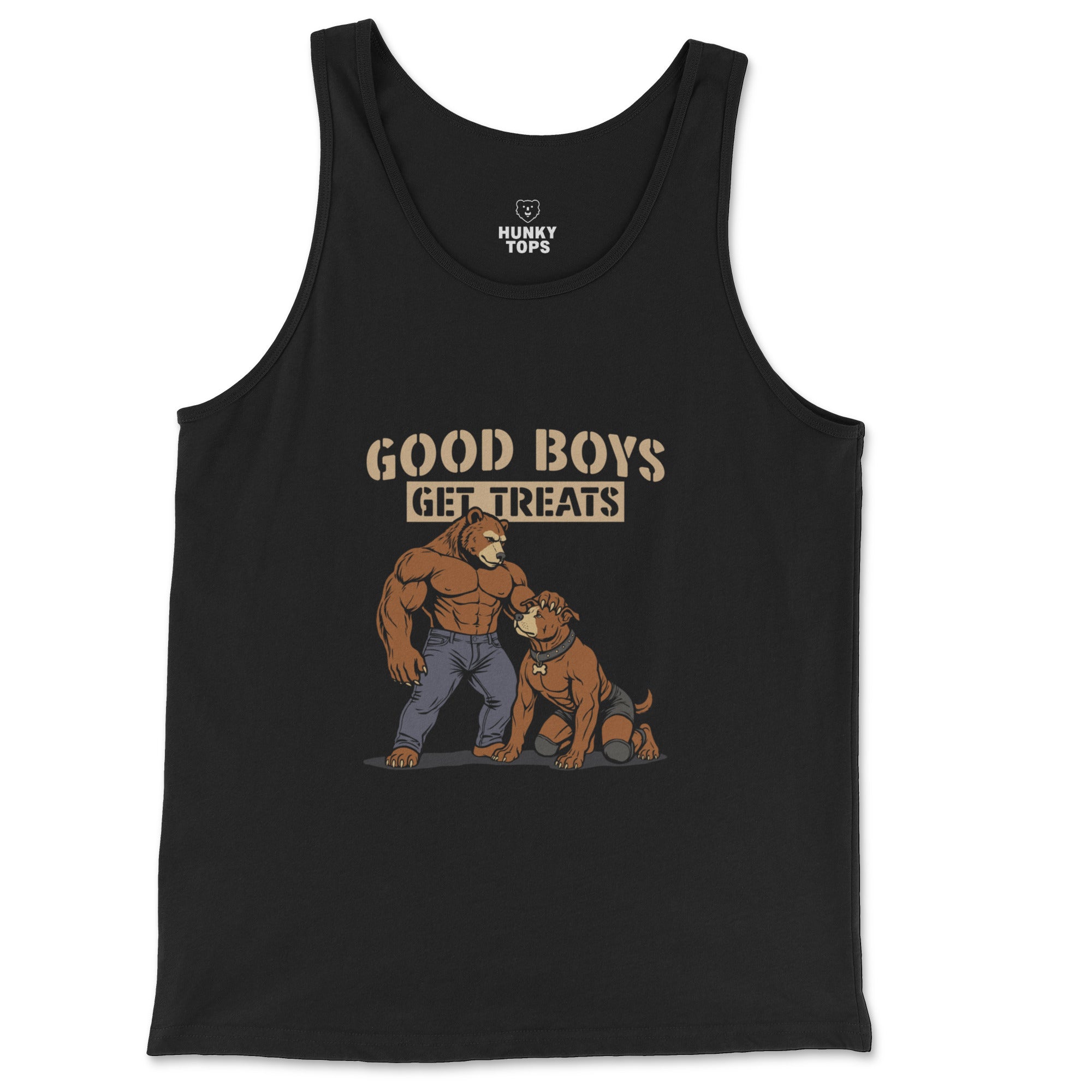 Good Boys Get Treats muscle bear and pup cartoon graphic on a black jersey tank top, flat lay #color_Black