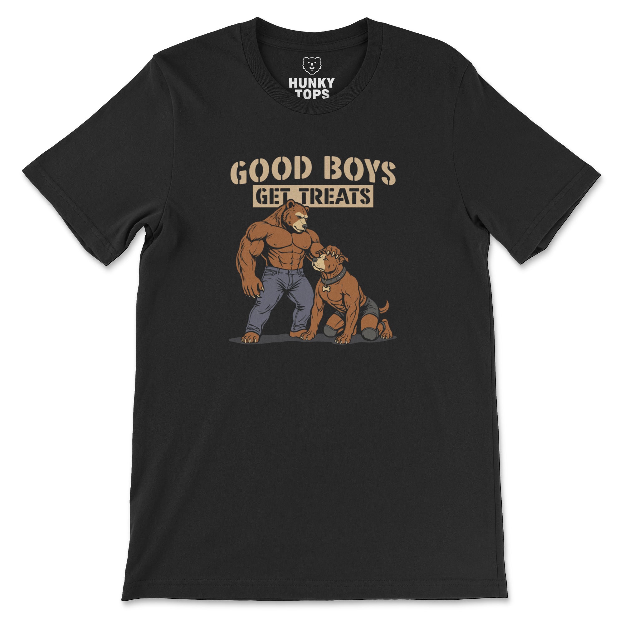Good Boys Get Treats muscle bear and pup cartoon graphic on a black unisex t-shirt, flat lay #color_Black