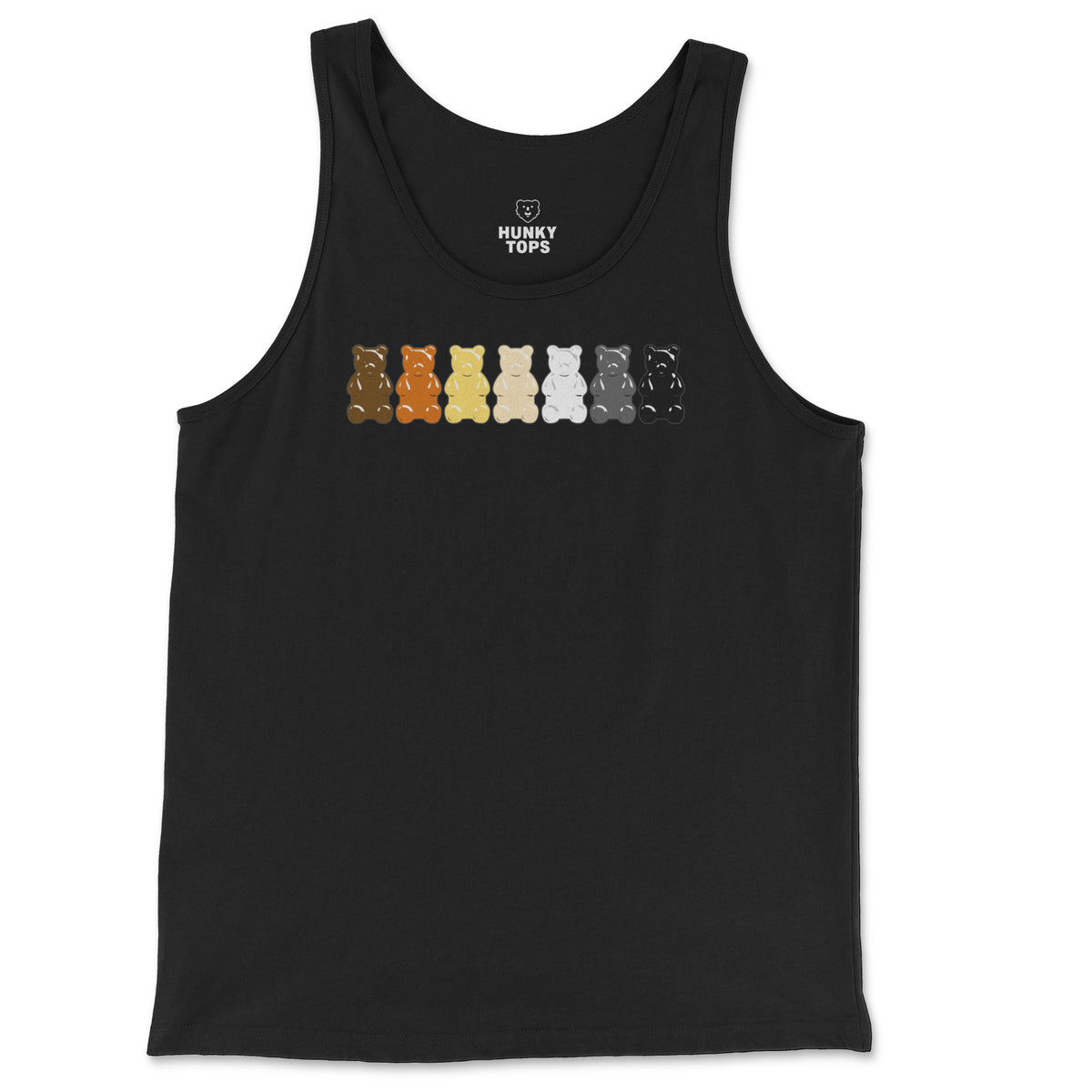"Gummy Bears Unite!" Gay Bear Pride Tank Top - Hunky Tops flat lay #color_Black
