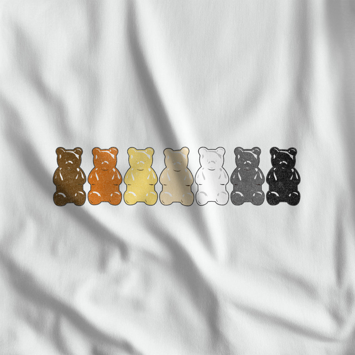 "Gummy Bears Unite!" Gay Bear Pride T-Shirt - Hunky Tops print close-up #color_White