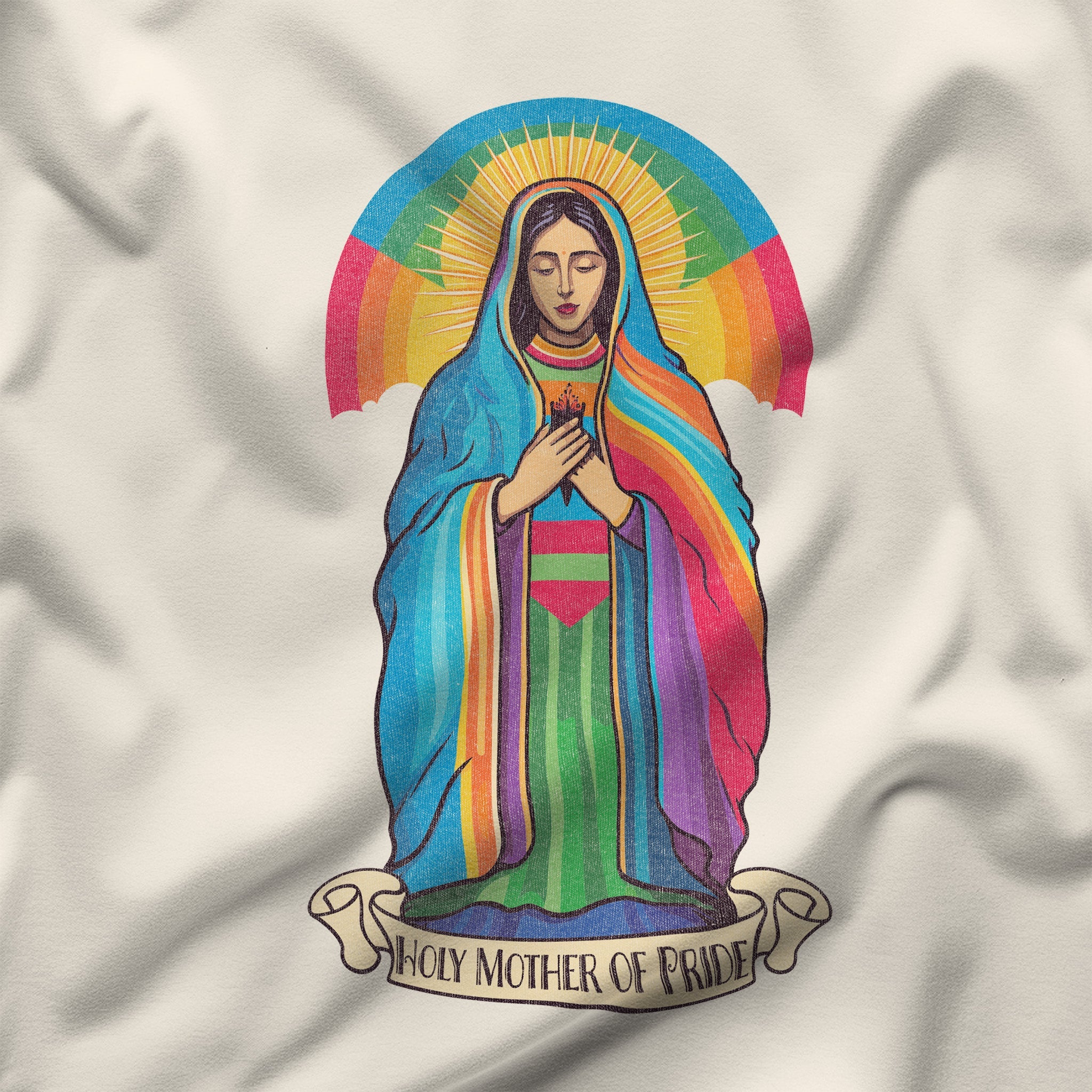 "Holy Mother of Pride" Virgin Mary in Pride Colors T-Shirt - Hunky Tops #color_Natural