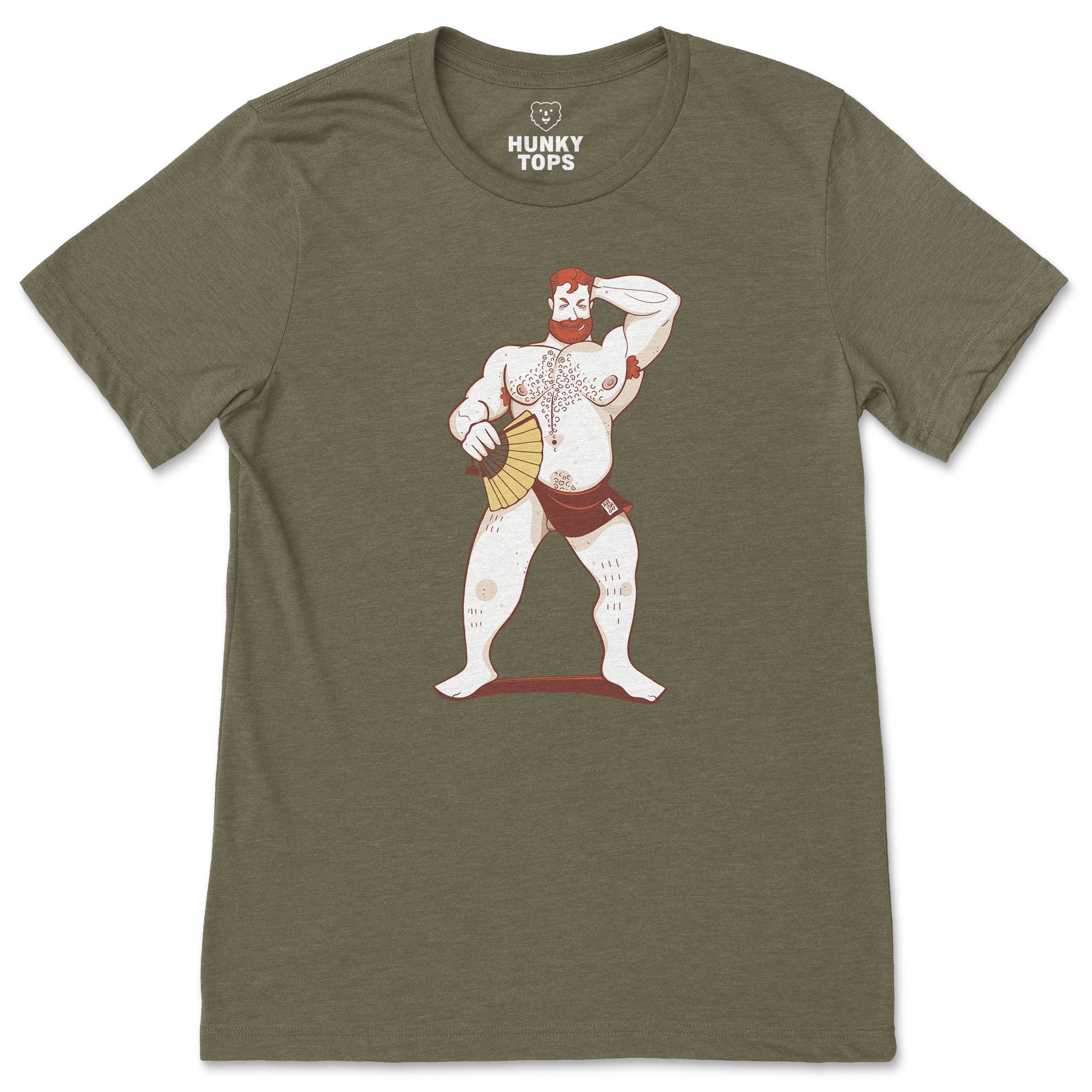 Hot Ginger Bear Summer Fan Tee - Hunky Tops #color_Heather Olive