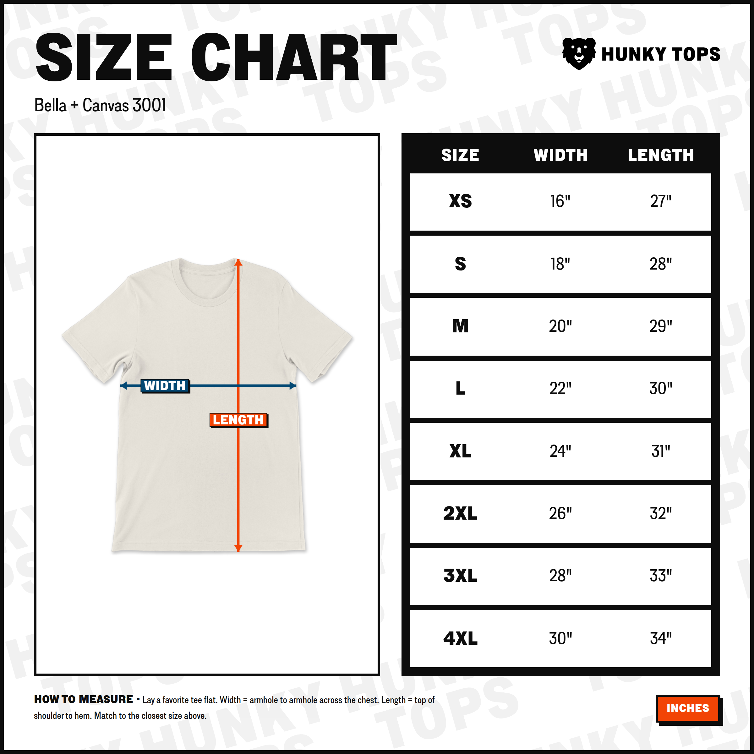 Bella+Canvas 3001 t-shirt size chart — width and length measurements by size (XS–4XL), in inches