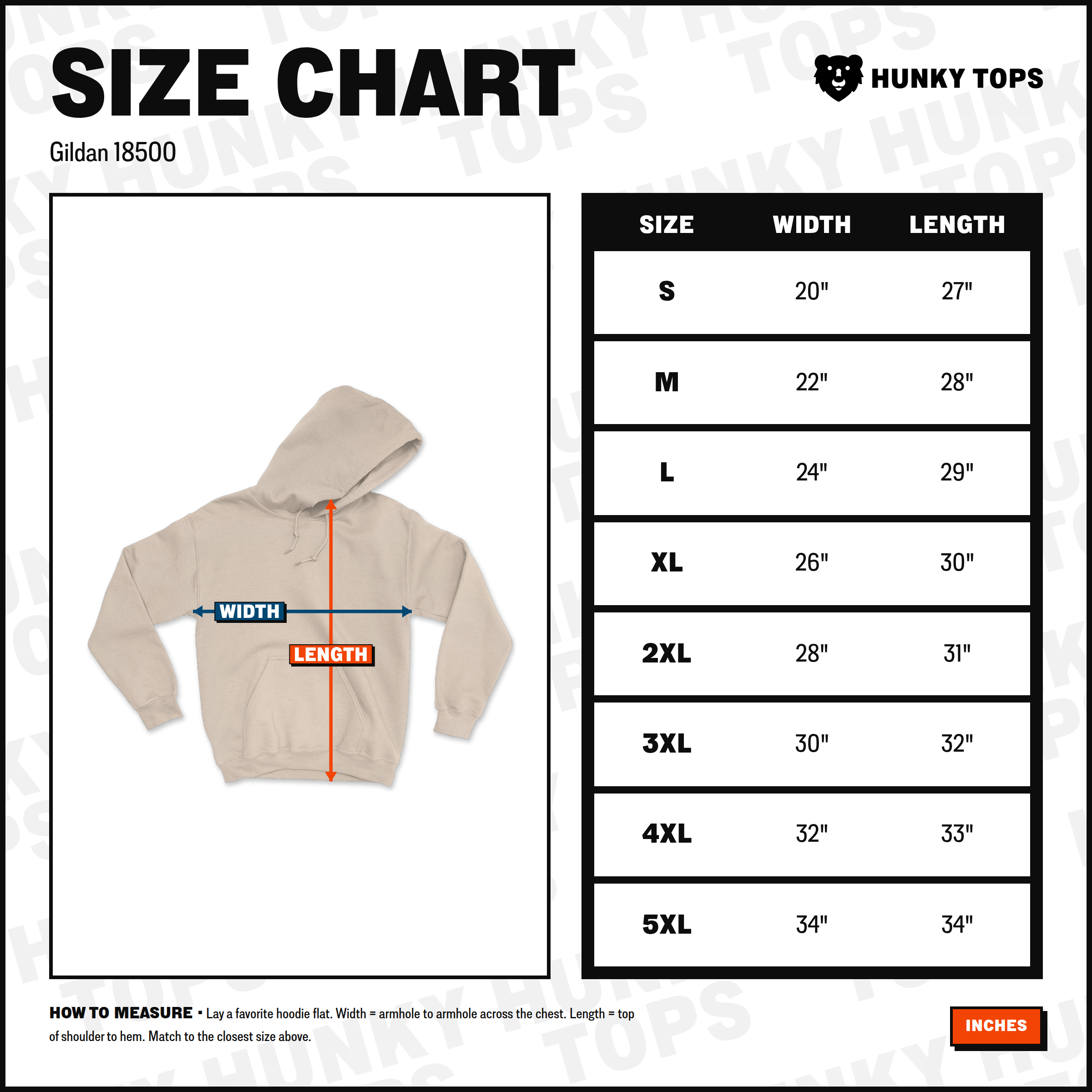 Gildan 18500 hoodie size chart — width and length measurements by size (S–5XL), in inches