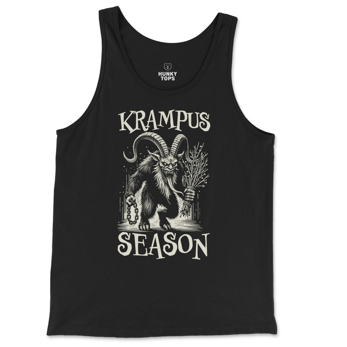 Krampus Season Holiday Tank Top - Hunky Tops flat lay #color_Black