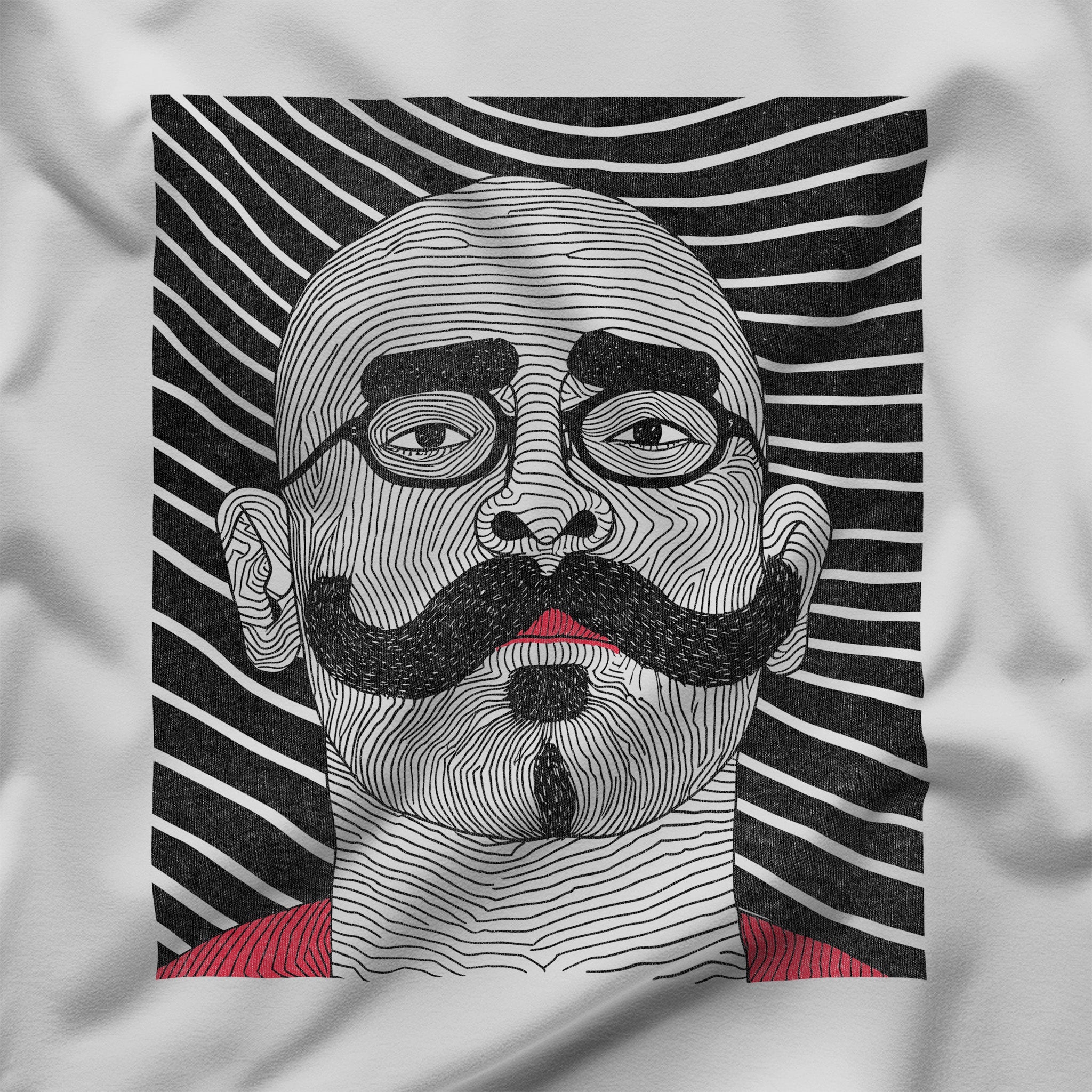 "Mapped Mystique" Contour Line Mustached Man T-Shirt - Hunky Tops #color_White