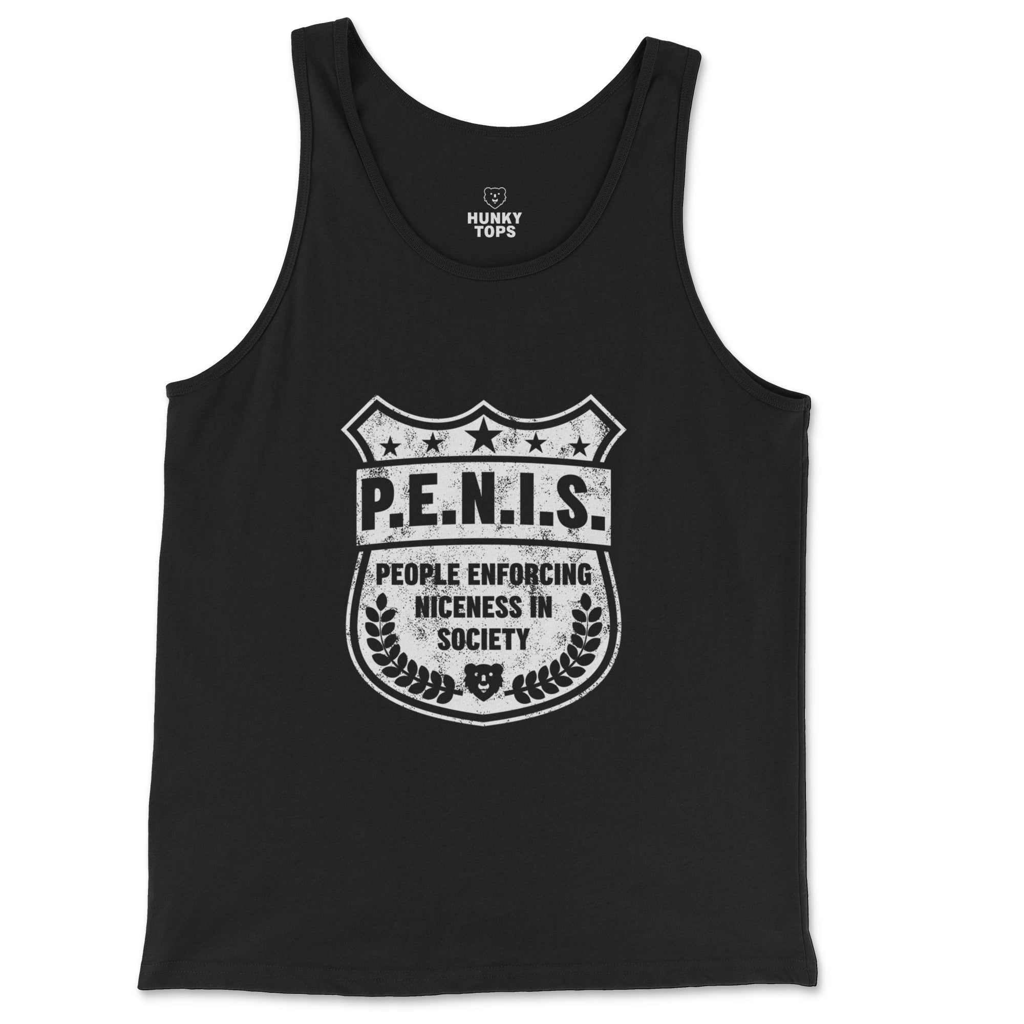 P.E.N.I.S. People Enforcing Niceness In Society badge graphic on a black jersey tank top, front flat lay #color_Black