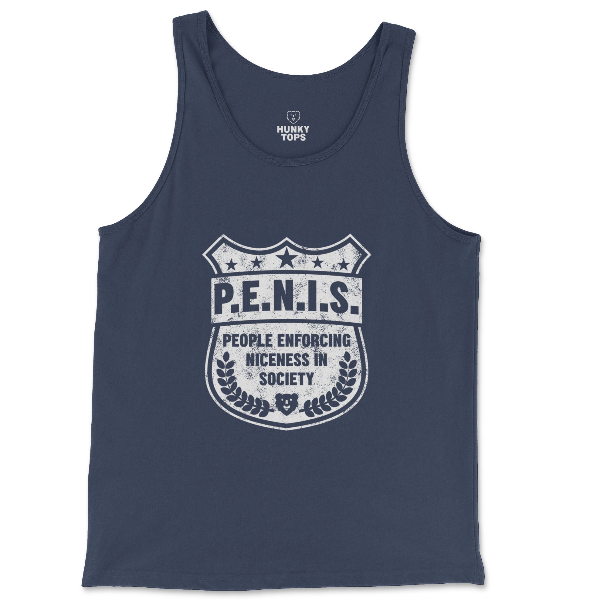 P.E.N.I.S. People Enforcing Niceness In Society badge graphic on a navy jersey tank top, front flat lay #color_Navy