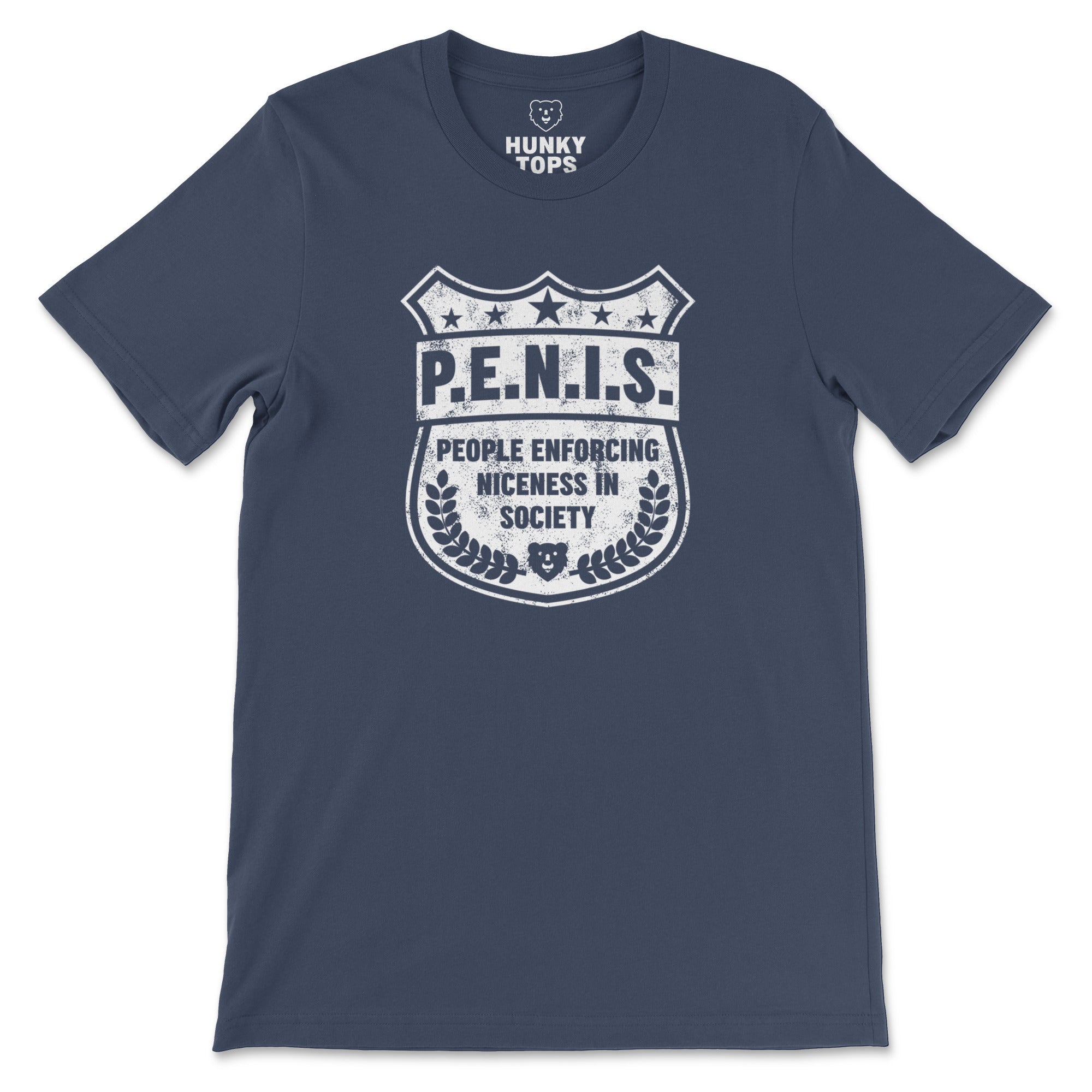 P.E.N.I.S. People Enforcing Niceness In Society badge graphic on a navy cotton t-shirt, front flat lay #color_Navy