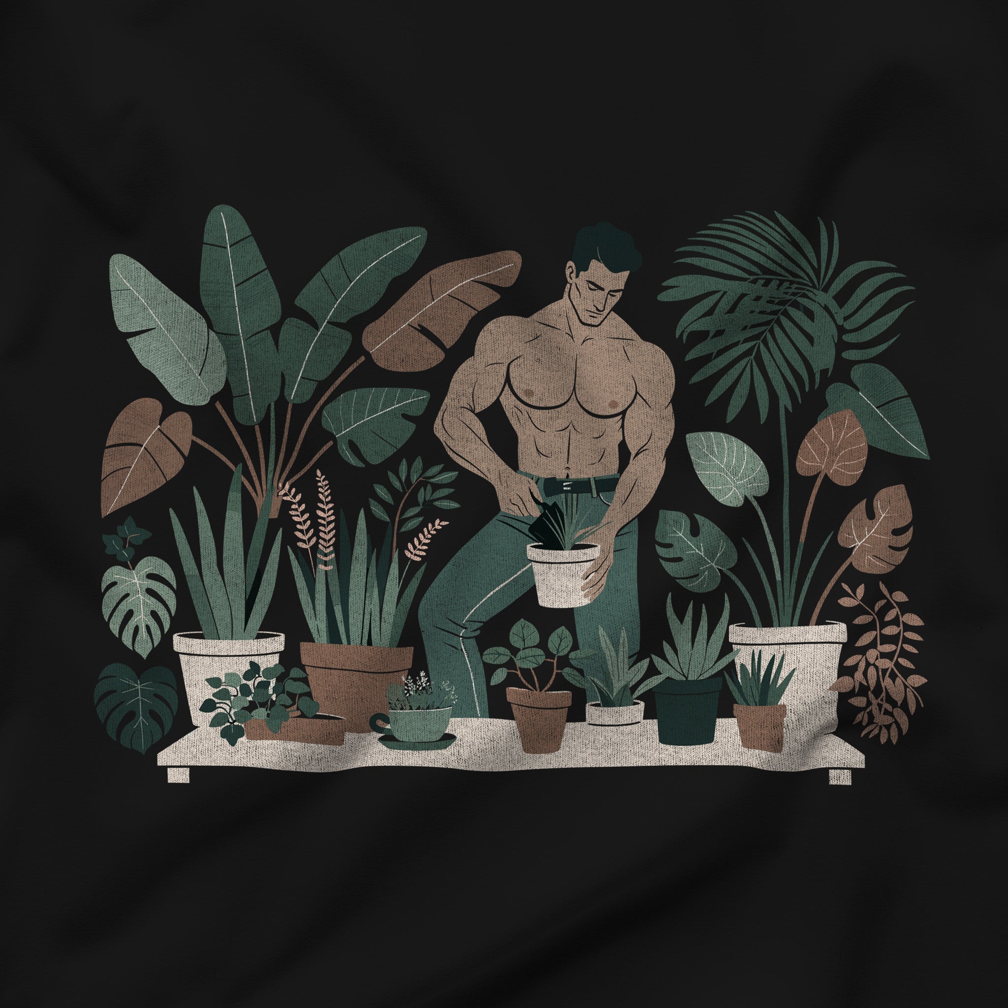 Plant Daddy Paradise Tee: Muscles & Foliage Fusion - Hunky Tops #color_Black